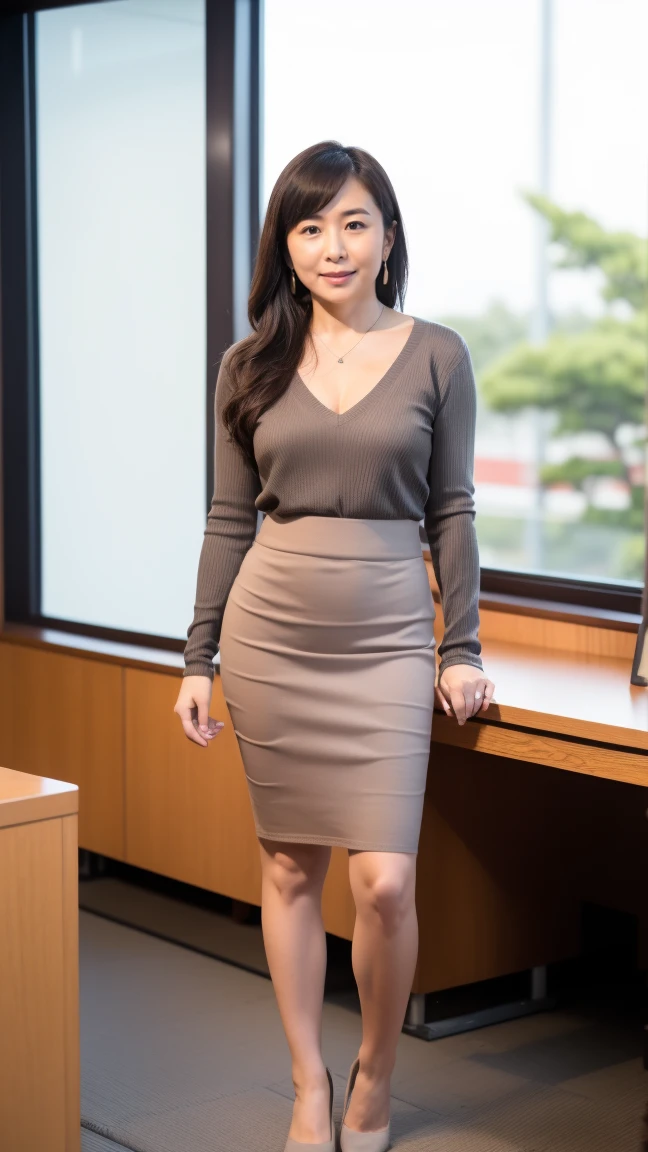 (High resolution, highest quality, masterpiece,Bright lighting), ((Full body photography)), ((Standing)), Textured skin, Anatomically correct, sharp, Shoot from the right side, Alone in a modern office, ((Japanese, Mature Woman, 55 years old)), (Nasolabial folds), Black Hair, Semi-long hair, slightly plump figure, Flat Chest:2.0, (looking at the camera), (Serious expression), (Business look), (white, ribbed knit sweater, V-neck, Long sleeve), (Formal tight skirt,gray), pumps, necklace, Earrings