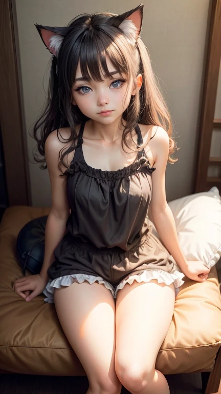 Japanese Girls, Frill tank top, Shorts, smile, (Curly Hair:0.8), nekomimi, Sit on a cushion