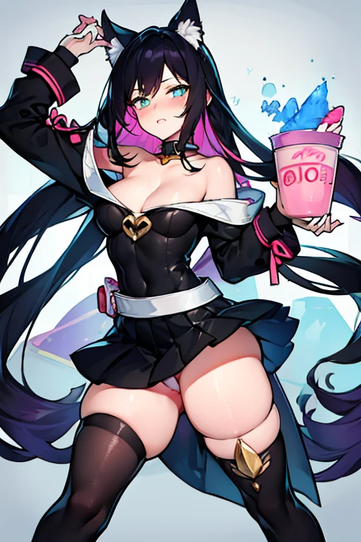 Anime cat girl, long black hair, then fades into pink, pale skin blue eyes,curvy body, big chest, wearing a long-sleeved black shirt, and a pleated black skirt with white thigh high socks.