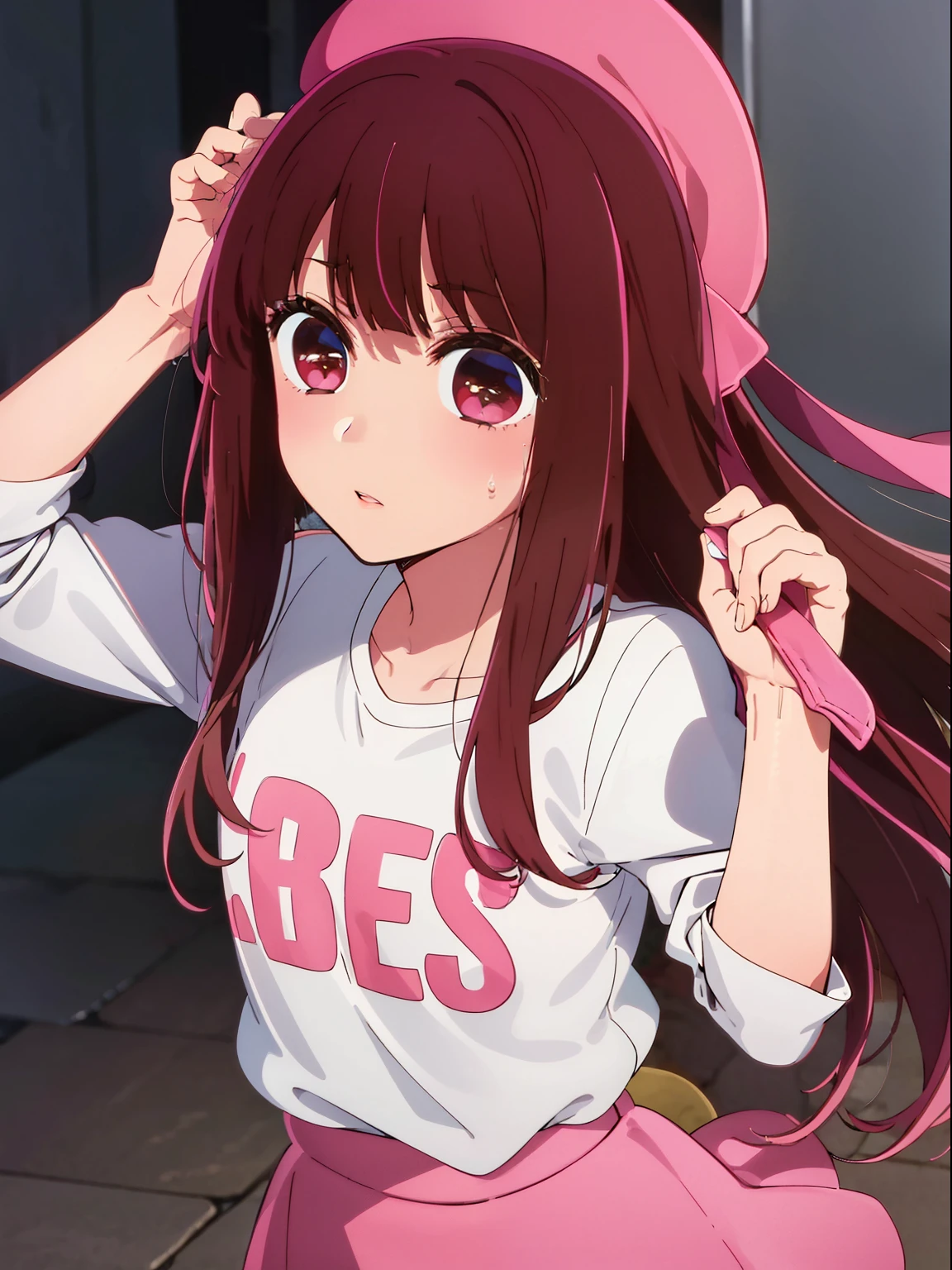 Girl, long brown hair, brown eyes, sharp features, white skin, pink lips, t-shirt with sleeves