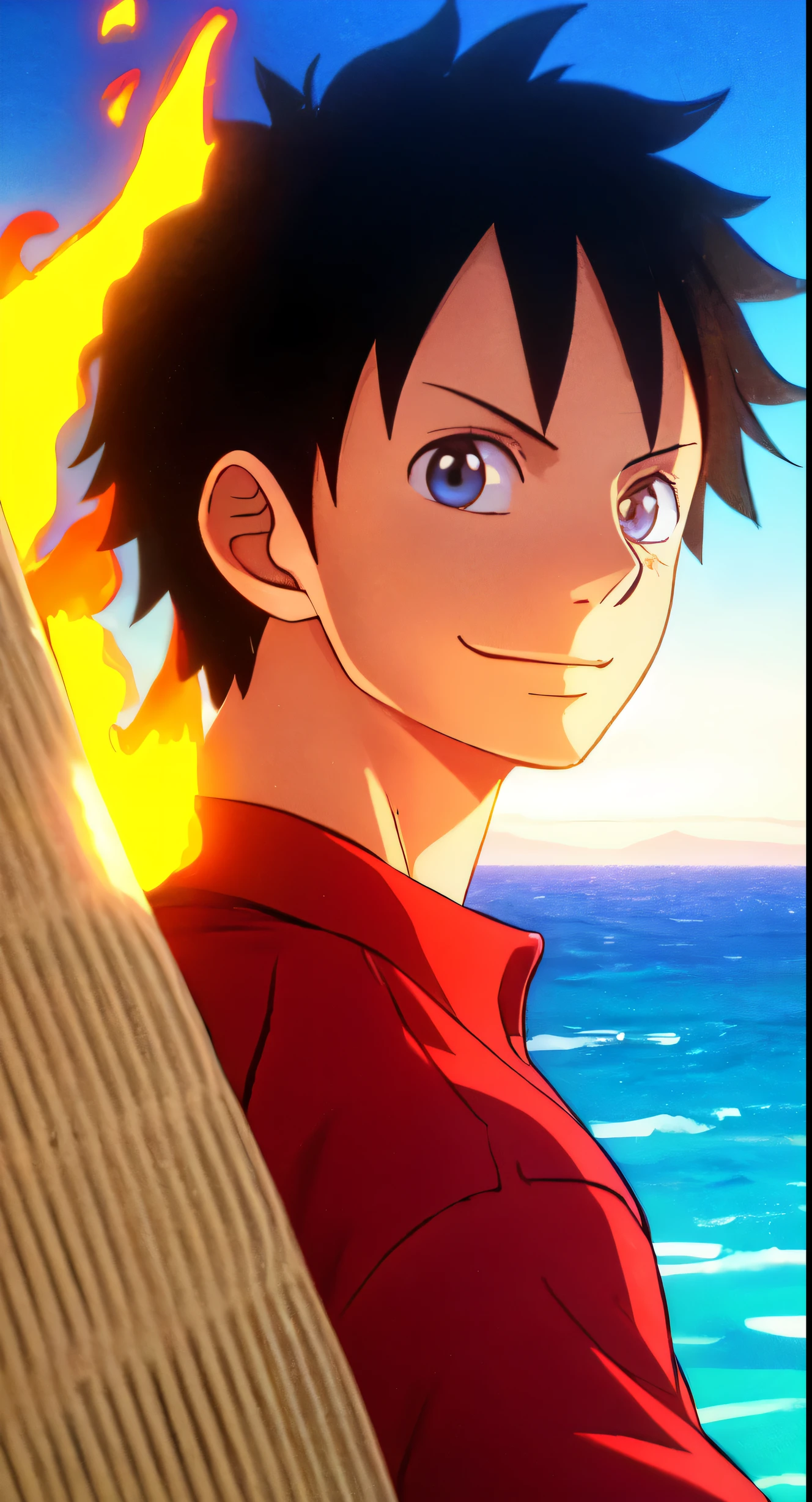 1boys, wanostyle, monkey d luffy, Smiling, Straw hat, look viewer, solo, Upper body, ((masterpiece)), (Best quality), (Extremely detailed), Depth of field, sketch, dark intensive shadows, Sharp focus quality, hdr, Colorful, Good composition, There were fires all around, spectacular, Closed shirt, Anime screenshots, Scars under the eyes, getting ready to fight, Dark eyes,deep of field,ocean background,ship,sunrays,Red clothes,back view , seeing the vast ocean view.