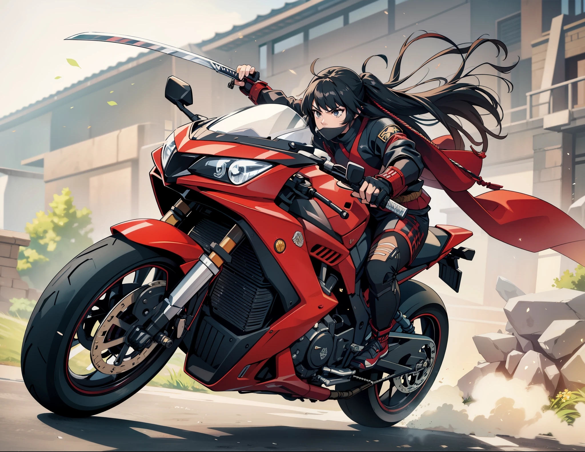 highest quality,High resolution),1 Girl,Black Hair,Samurai Rider, Ride a motorcycle and wield a sword