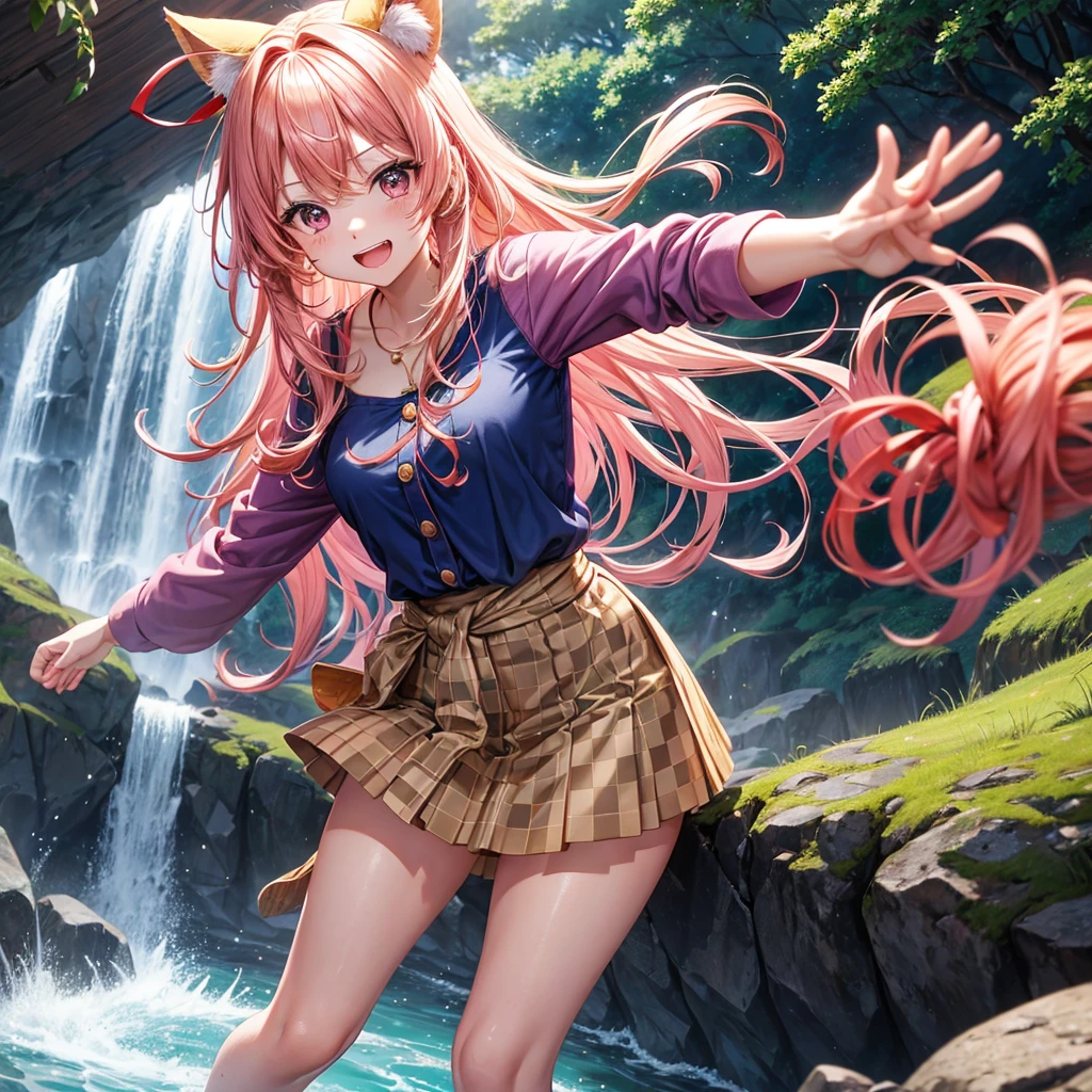 Pink gold golden hair、Red eyes、One good looking girl、solo、anime、Checkered mini skirt、The skirt has buttons、one piece、Blue camisole、White T-shirt、Jin、Wearing a ribbon、Ribbon on waist、Tilting face、Teeth are visible、waterfall、waterfallの裏側、tunnel、Sunset sky、It&#39;s exploding