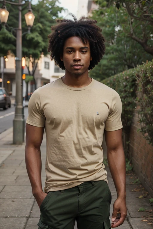Straight brown skinned man black hair afro green eyes size large skinny cargo beige beige t-shirt 