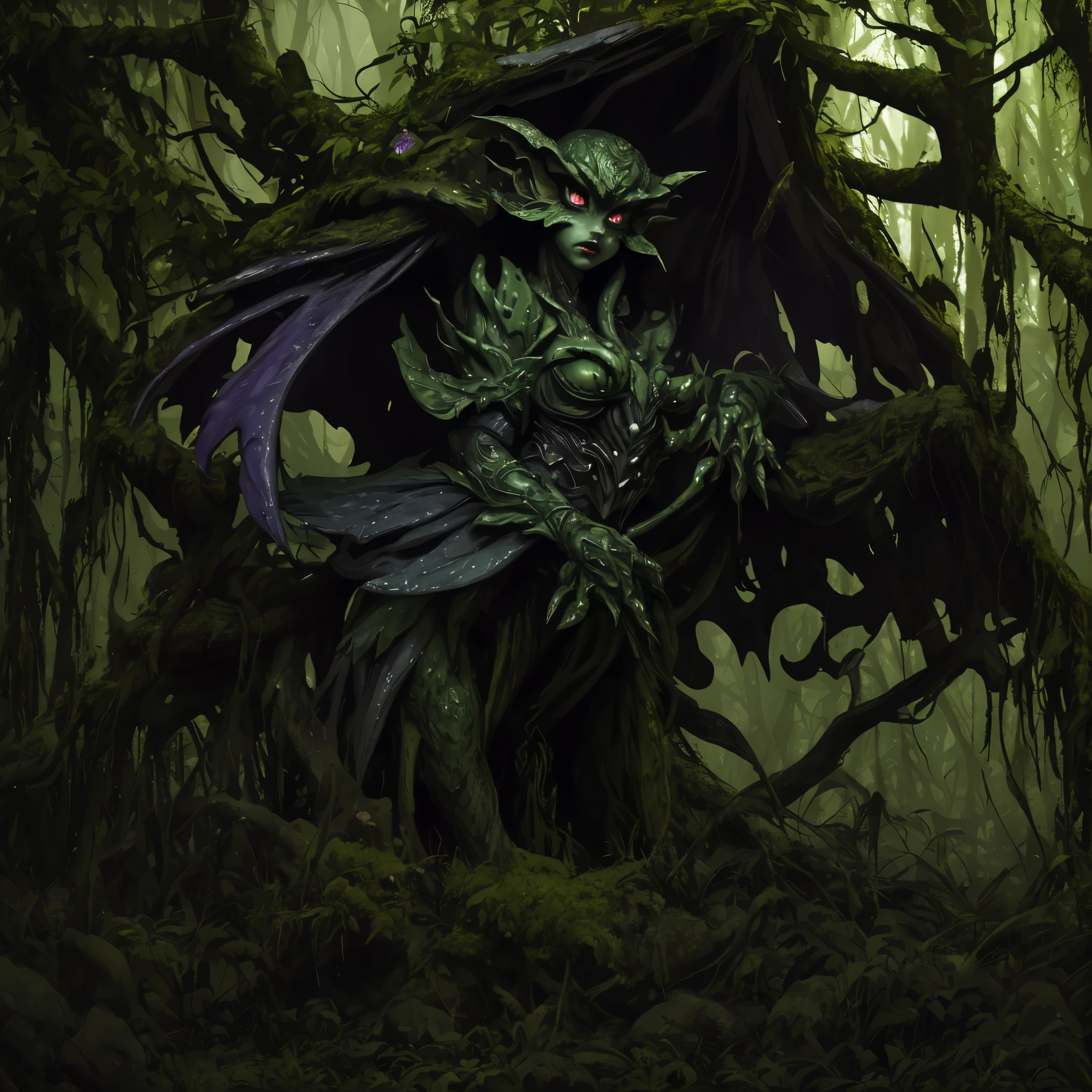 (best quality,highres:1.2),(realistic:1.37),ultra-detailed,a y toad,enormous in size,brightly colored,stalks through an ancient forest,tentaue,thick and slimy skin,dark,ominous atmosphere,gloomy shadows,misty fog,gnarled trees,twisted brancs-covered rocks,dappled sunlight,unearthly glow,spooky ambiance,dense undergrowth,crunching leaves underfoot,haunting presence,unsettling silence,distant whispers,Cthulhu-like creature,mythical world,mysterious aura, Villainess

