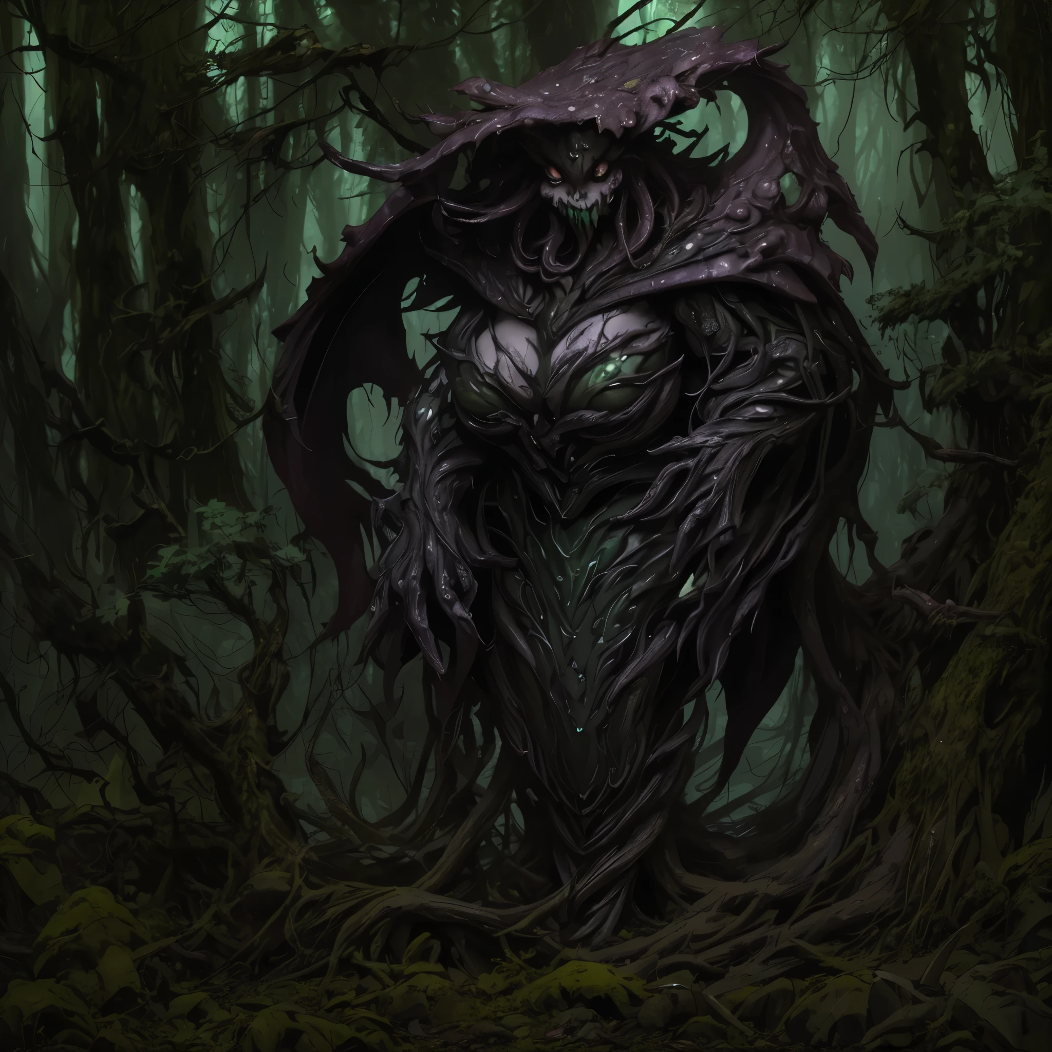 (best quality,highres:1.2),(realistic:1.37),ultra-detailed,a creepy toad,enormous in size,brightly colored,stalks through an ancient forest,tentacle tongue,thick and slimy skin,dark,ominous atmosphere,gloomy shadows,misty fog,gnarled trees,twisted branches,moss-covered rocks,dappled sunlight,unearthly glow,spooky ambiance,dense undergrowth,crunching leaves underfoot,haunting presence,unsettling silence,distant whispers,Cthulhu-like creature,mythical world,mysterious aura, Villainess

