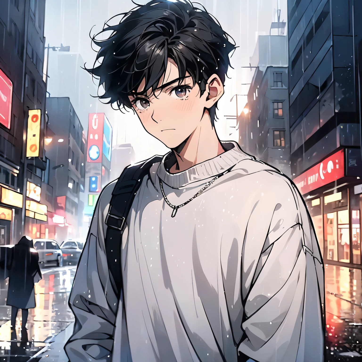 A black hair,18-year-old man in white sweater,Standing on a rainy city street,Look up at the sky at a 45-degree angle,Sad expression,Laugh and cry,Tears(Upper body display:1.5)(cinematic lighting:1.5))(ultra-high detail:1.5)(best quality:1.5)