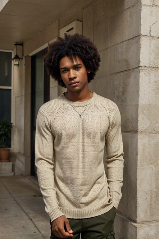 Straight brown skinned man black hair afro green eyes size large skinny cargo beige white t-shirt open sweater beige