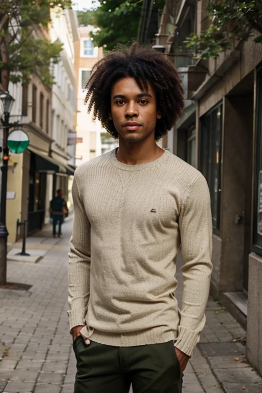 Straight brown skinned man black hair afro green eyes size large skinny cargo beige white t-shirt open sweater beige 