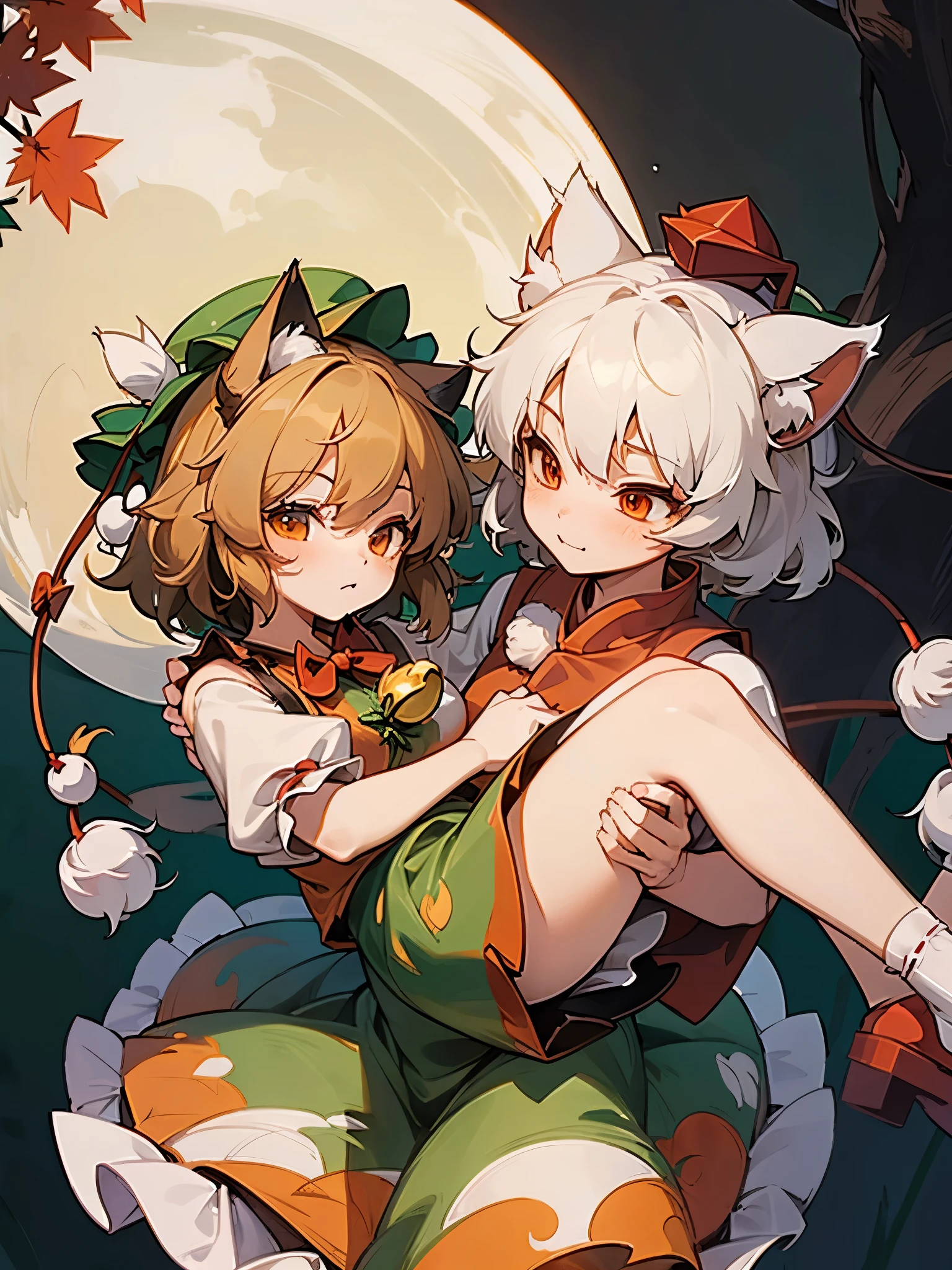 Masterpiece,Best quality, ultra detailed,anime style ,,(((touhou project))),(two girls)),(((Momiji inubashiri))), wolf girl,(((Chen))), cat girl,((Princess carry , Bridal carry)), Momiji is white wolf tail,Chen is black cat tail,momiji is white very short hair,Chen is brown short hair,Momiji is white wolf ear,Chen is black cat ear