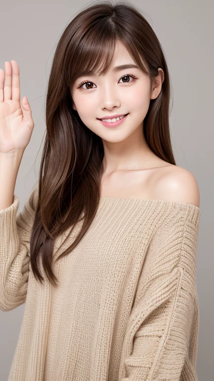 Brown Hair,Medium Hair,20-year-old female, With the correct face, Cute natural smile, Japanese facial features, A clean and cute face, Realistic portraits, 8K Photo, Soft Makeup,Natural skin texture,Raw photo,highest quality,Full Body Shot,Waving
