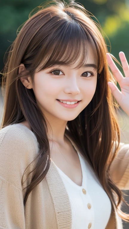 Brown Hair,Medium Hair,20-year-old female, With the correct face, Cute natural smile, Japanese facial features, A clean and cute face, Realistic portraits, 8K Photo, Soft Makeup,Natural skin texture,Raw photo,highest quality,Full Body Shot,Waving