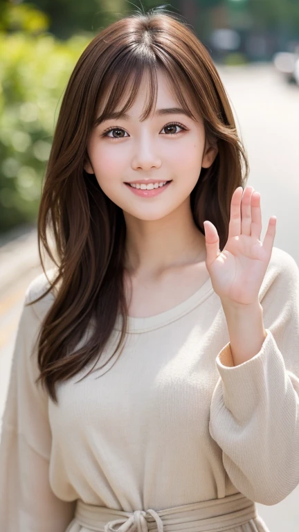 Brown Hair,Medium Hair,20-year-old female, With the correct face, Cute natural smile, Japanese facial features, A clean and cute face, Realistic portraits, 8K Photo, Soft Makeup,Natural skin texture,Raw photo,highest quality,Full Body Shot,Waving