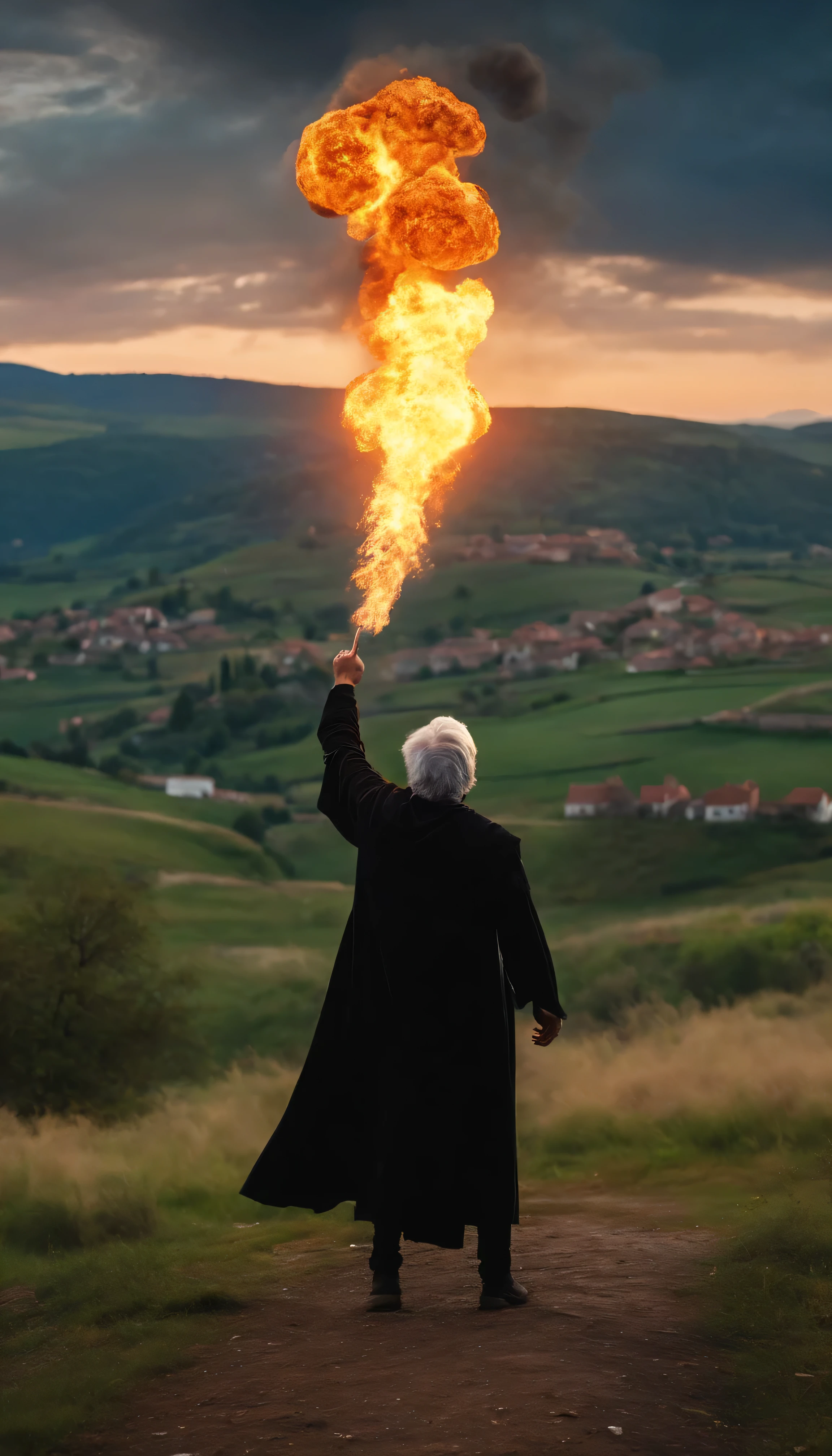 8k, close distance portrait, a male wizard with black clothes and grey short hair , hand pointing to the sky, throwing a super massive huge fireball to a village in the distance from hill, with a burning village background the distance