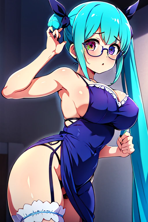 1girl,otonashi subaru,heterochromia,green right eye,blue left eye,twintails,cobalt blue hair,glasses,large breasts,Perfect body,animated, animification, tattoo,dark dress,beautiful detailed hair, purple Clothes,garter belt,camisole