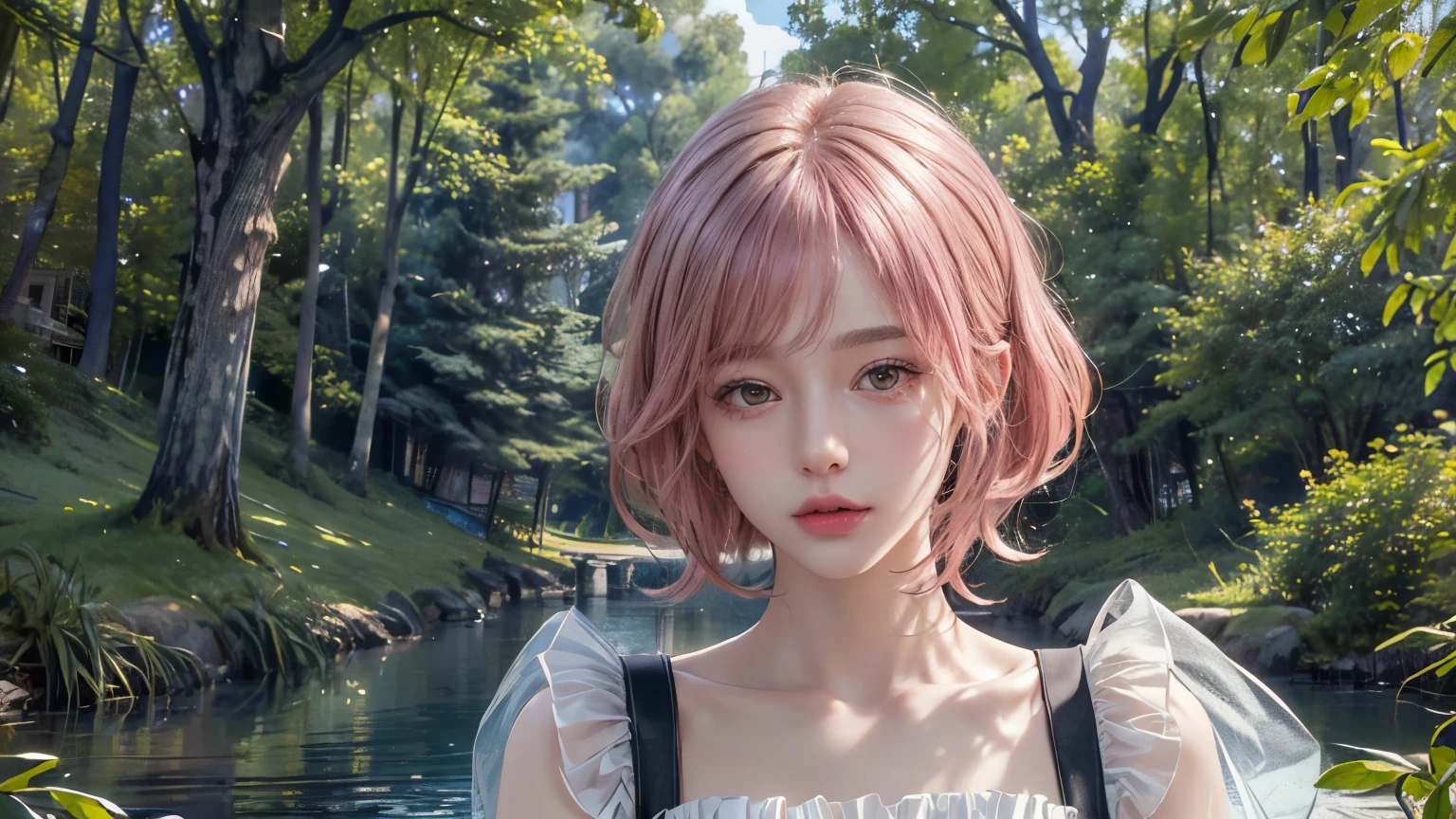 (8k, highest quality, masterpiece: 1.4), Very detailed, highest quality, Ultra-high resolution, Written boundary depth,(Realistic:1.4,RAW shooting,)Ultra-Realistic Capture,(Very detailed,High definition 16K), cute, girl, short hair, Pink Hair, camera