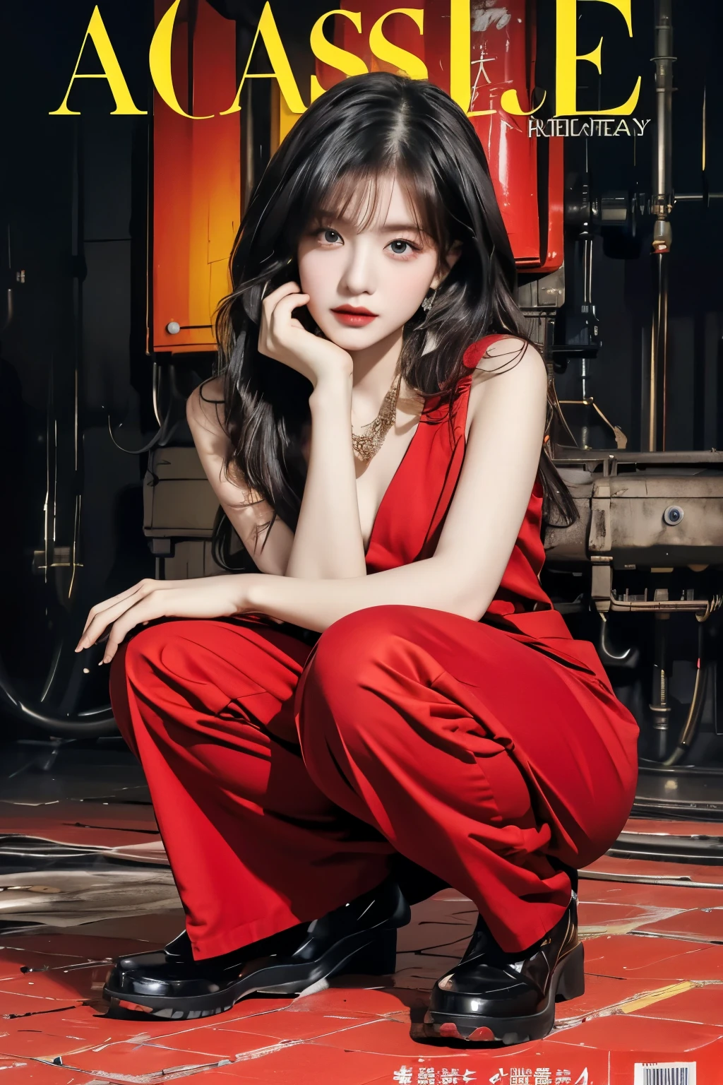best quality, works of masters, high resolution, 1 girl, What a beautiful face., really beautiful eyes, really beautiful hair，trendy clothing magazine cover，Sexy and AttrActive，Color Explosion，black hair，full body slang，squat