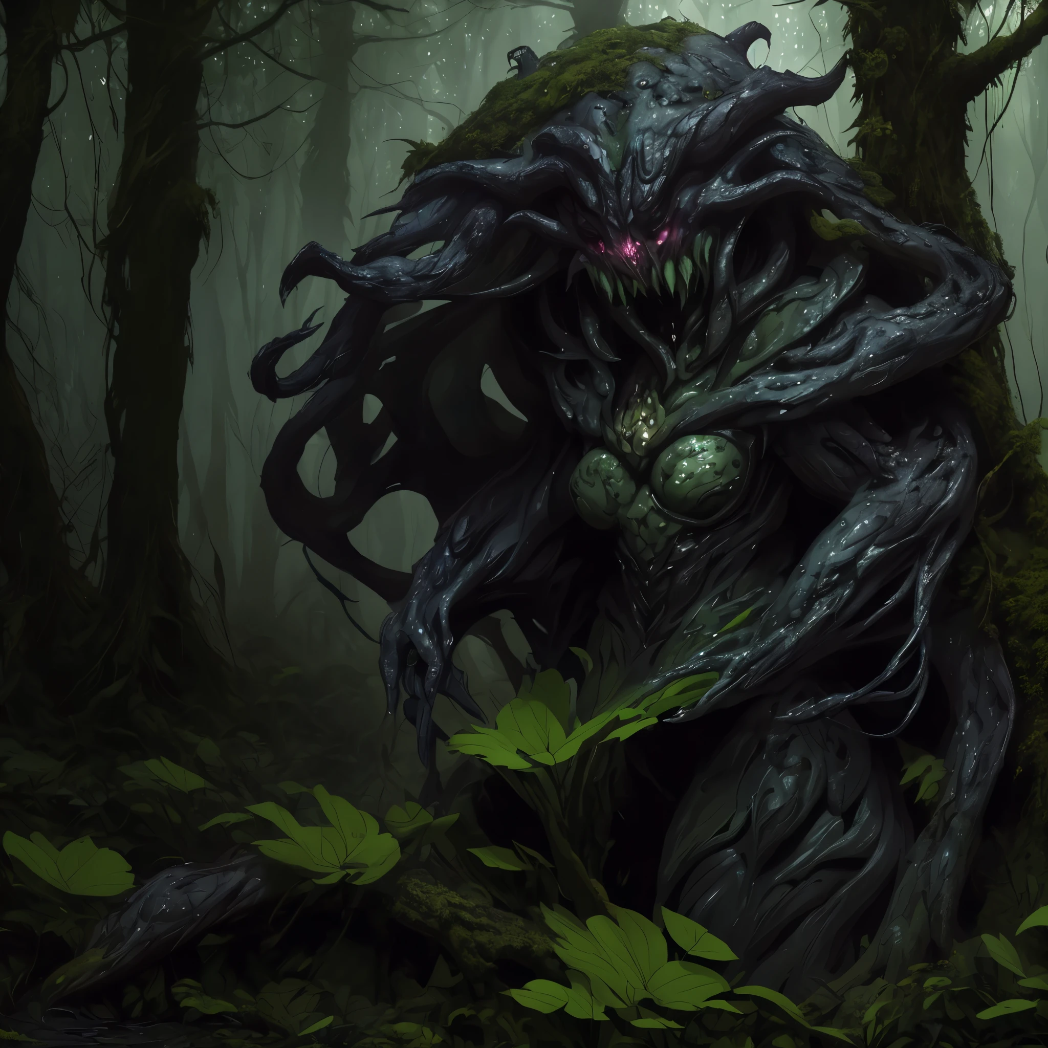 (best quality,highres:1.2),(realistic:1.37),ultra-detailed,a creepy toad,enormous in size,brightly colored,stalks through an ancient forest,tentacle tongue,thick and slimy skin,dark,ominous atmosphere,gloomy shadows,misty fog,gnarled trees,twisted branches,moss-covered rocks,dappled sunlight,unearthly glow,spooky ambiance,dense undergrowth,crunching leaves underfoot,haunting presence,unsettling silence,distant whispers,Cthulhu-like creature,mythical world,mysterious aura, Villainess