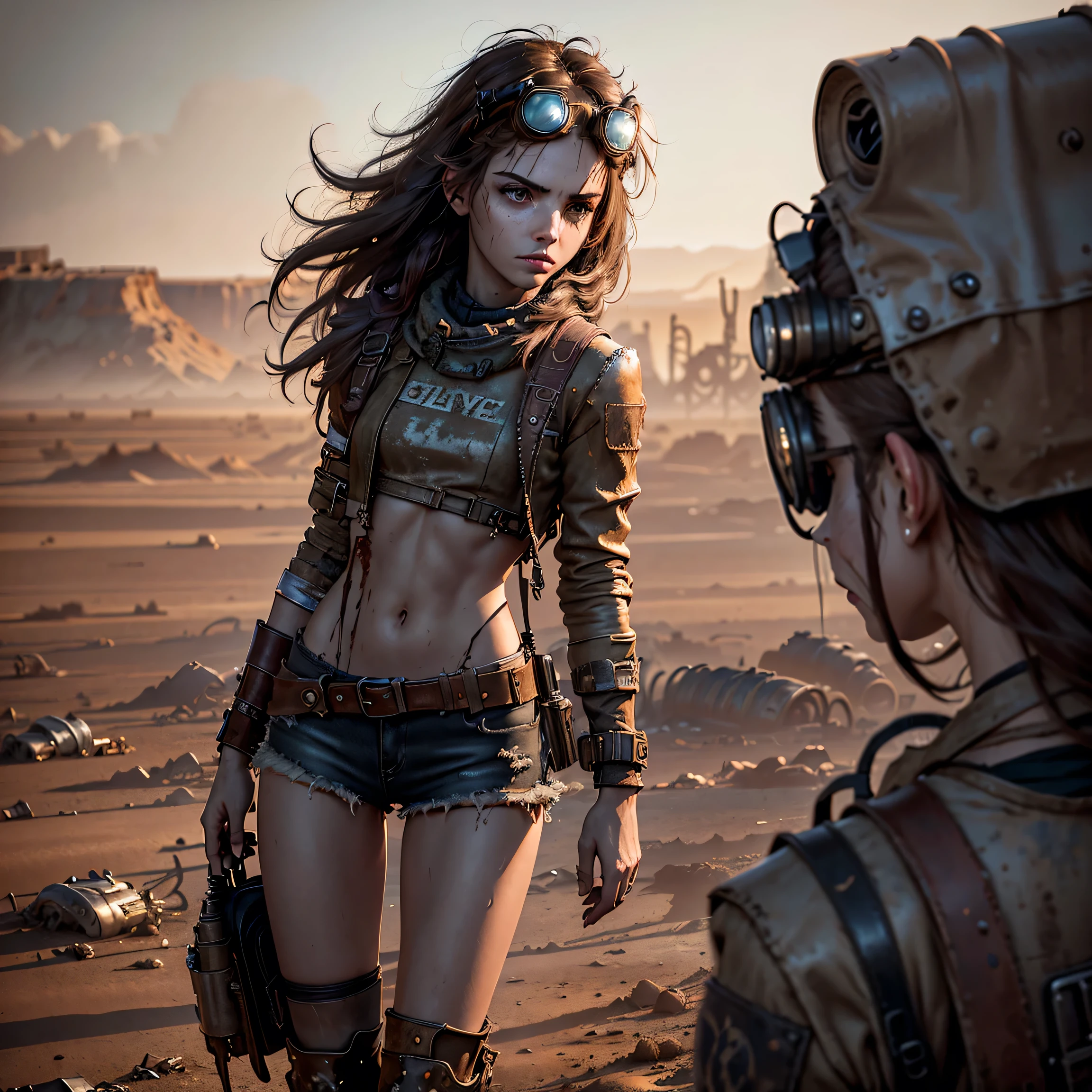 1girl, (solo:1.2), [slim], (small chest), pale skin, ((detailed eyes)), (bokeh effect), (dynamic angle), dynamic pose, (deserted wasteland:1.3), (long hair:1.4), (dark hair:1.4), leather jacket, ripped jeans, high boots, (backpack), (dark and cloudy sky), dirty hair, (wasteland desert:1.4), dirty hair, ((masterpiece)) close up shot, (head goggles:1.3)