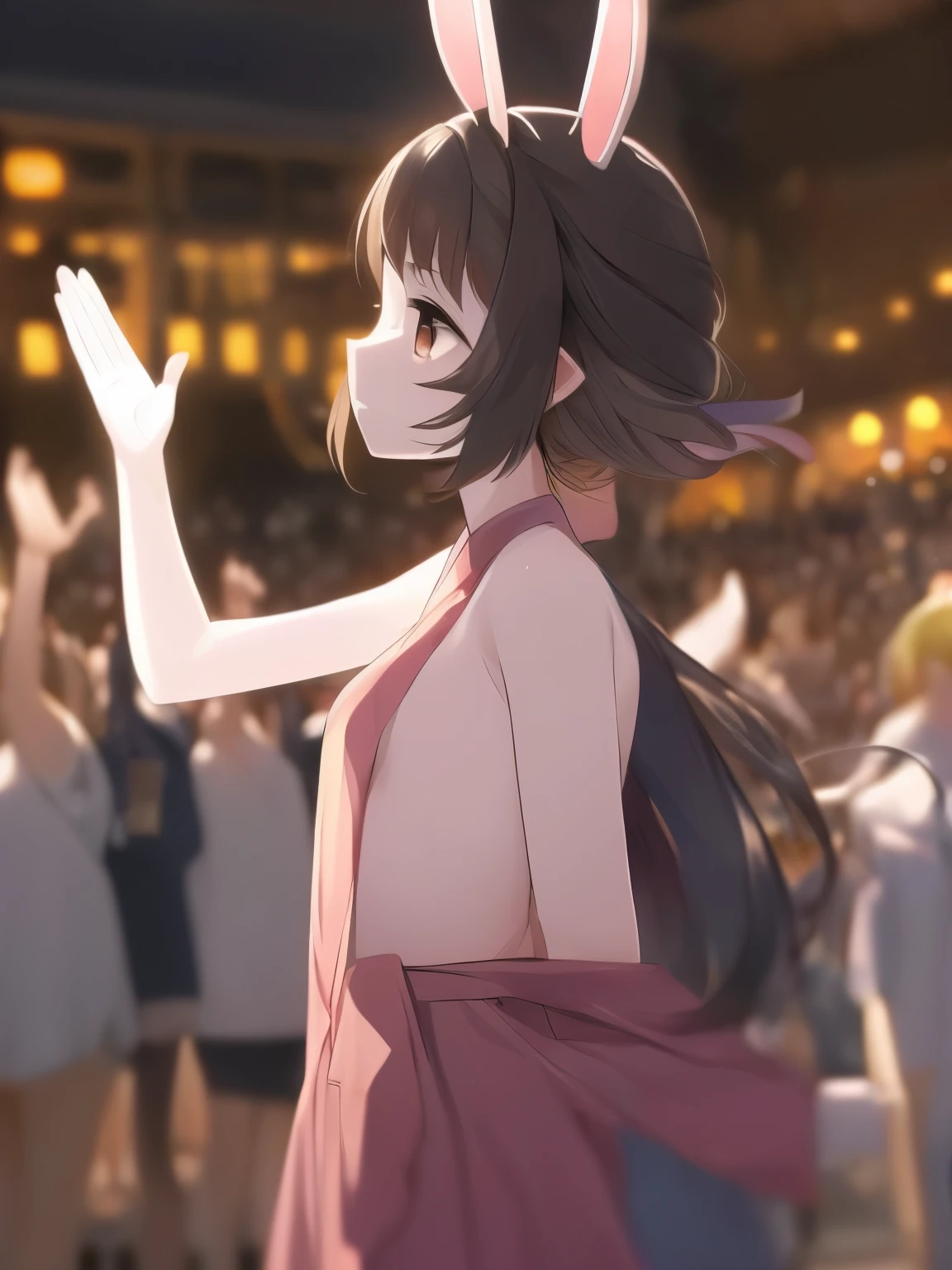 (Tabletop.highest quality).(Dynamic Low Angle、Hair blowing in the wind、Fluttering Dress、beautiful spotlight). (CG paintings with impressive detail),(A perfect image).(Idol Live、Idol Song、Proud of the costume、Presenting to the audience)、Comic Strip.shape.1 girl.Detailed face、Kirara Jump、Perfect body.( body type、Small breasts、Thin chest)、Beautiful thighs、Beautiful belly、Perfect Face.Delicate face、Raise your arms、Proudly、Pull your chin in、Traditional jewelry decoration、A girl wearing a shining, luxurious idol dress、Overexposure、(Beautiful fashion that shows off belly and bare legs)、Breast flash、Rough skin、Long Hair、(Bunny ear girl)Bunny ear girl、((Beautiful brown eyes)).Delicate and beautiful eyes、Beautiful eyes with light、Shiny Hair、Reflected Eyes、Embarrassingly.(Looking at the audience:1.3).(Red face:1)、8k wallpaper、Bold full shot、reflected light、Most detailed、Complex、Delicate background、Rough skin、Fine skin、(Super Resolution)、mini skirt、Chirarizum、(whole body、美しいwhole body像、 body type)