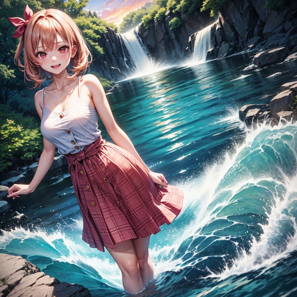 Pink gold golden hair、Red eyes、One good looking girl、solo、anime、Checkered mini skirt、The skirt has buttons、one piece、Blue camisole、White T-shirt、Jin、Wearing a ribbon、Ribbon on waist、Tilting face、Teeth are visible、waterfall、waterfallの裏側、tunnel、Sunset sky、The water surface is exploding