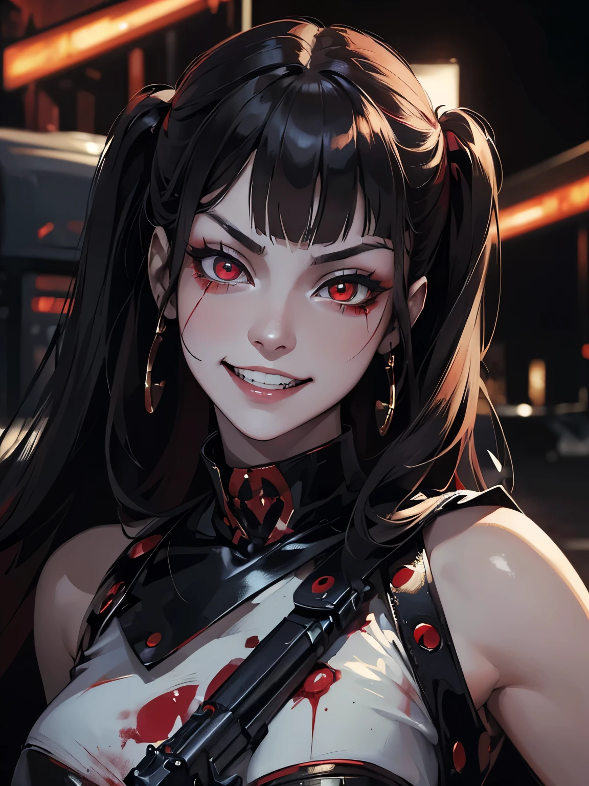 ((Masterpiece, Superb, evil, red eyes, detailed eyes, night, bloodstains, Super Detailed, High Resolution)), solo, beautiful girl, sparkling eyes, perfect eyes, 15 years old, black and red gold theme, simple, (gyaru evil grin), she's pointing a gun at us