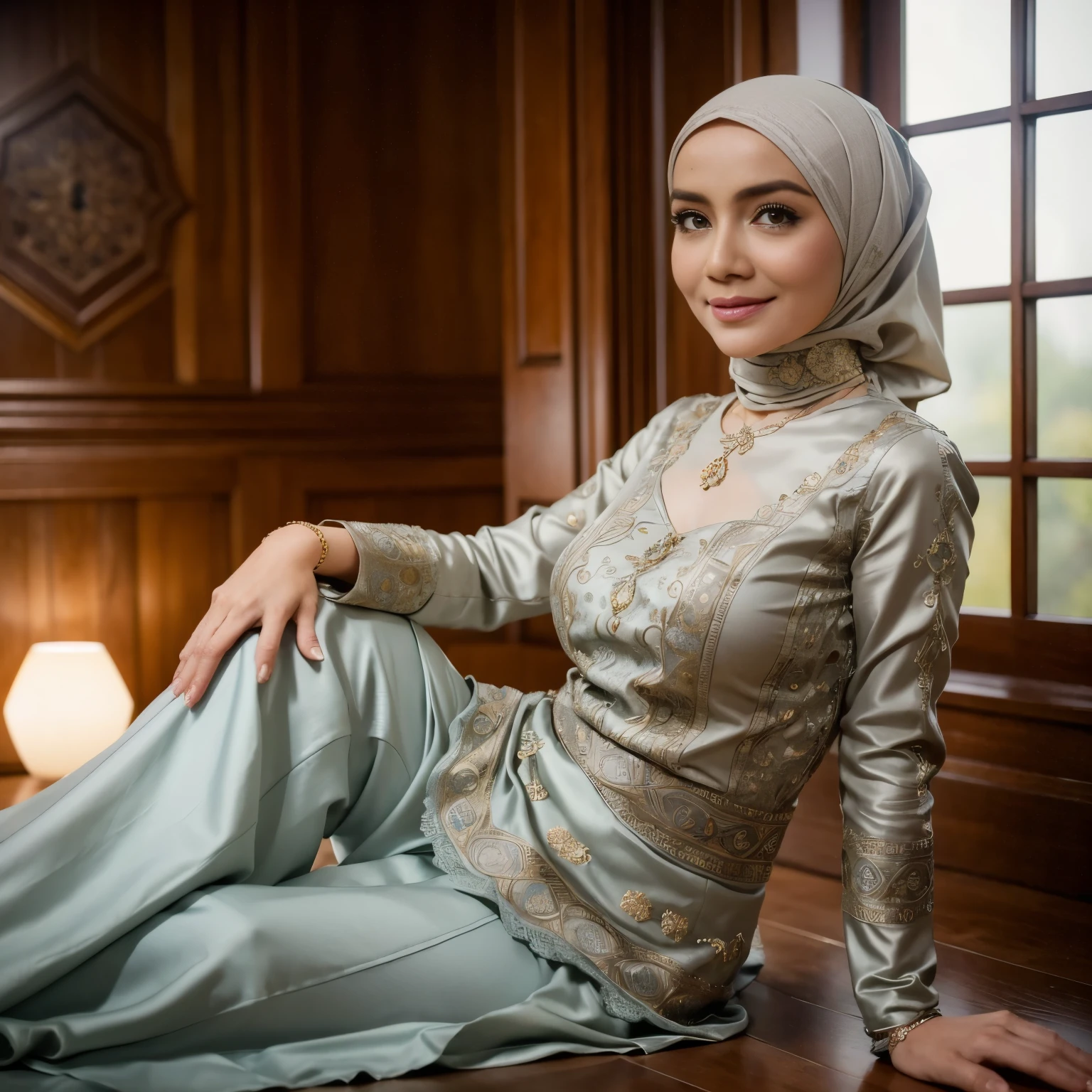 Best quality, masterpiece, realistic photos, intricate details, original photos, wearing traditional baju kurung, tight, ultra-detailed, detailed faces, detailed skins, trends on artstation, 8k masterpieces, cinematic lighting, ((1girl)), ((solo)), rounded breast, busty chest, fit  body, long hijab, eid mubarak in malay village, half body, simple necklace