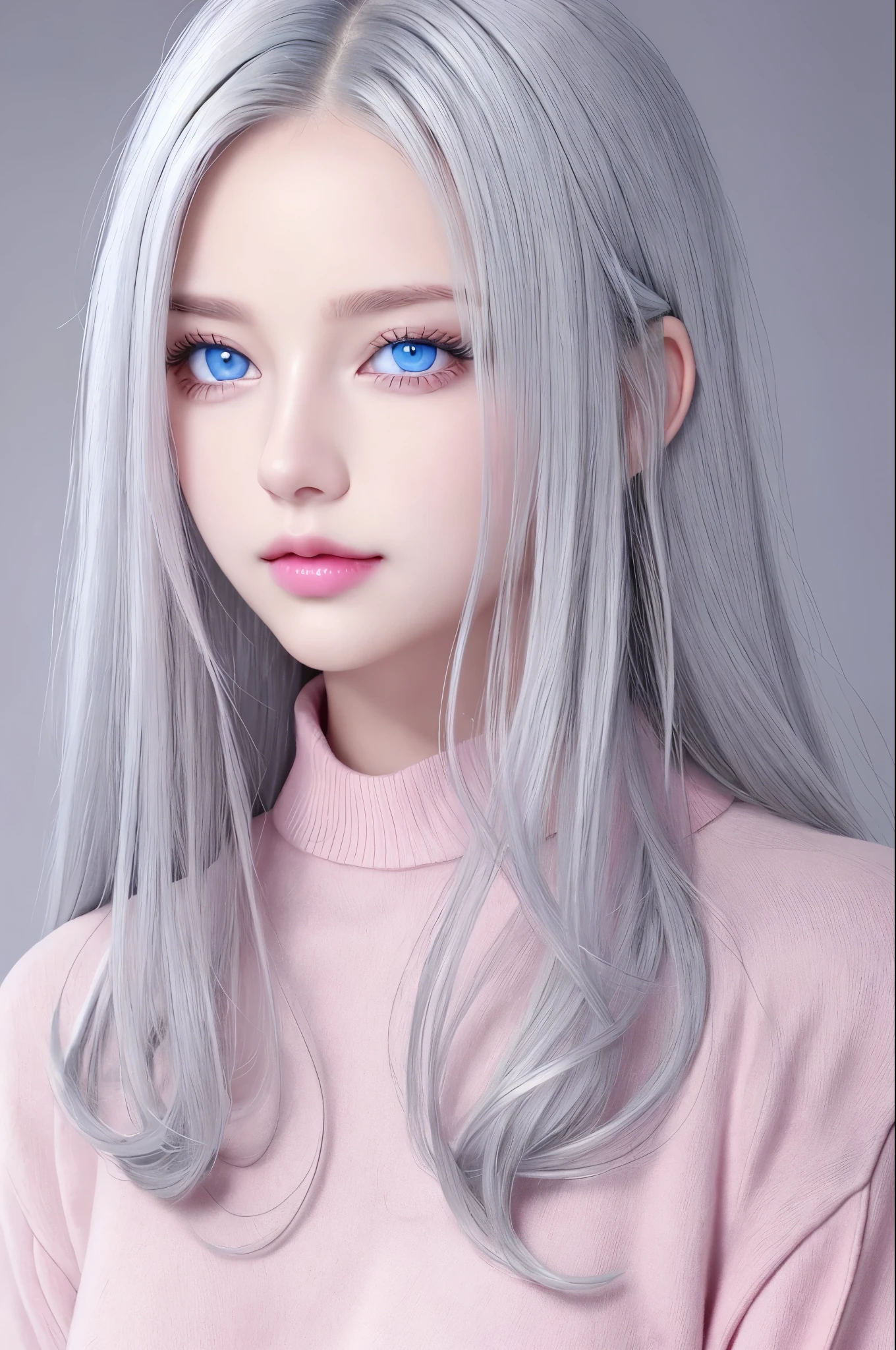 Girl, long gray hair, sky blue eyes, sharp features, white skin, pink lips, sweater