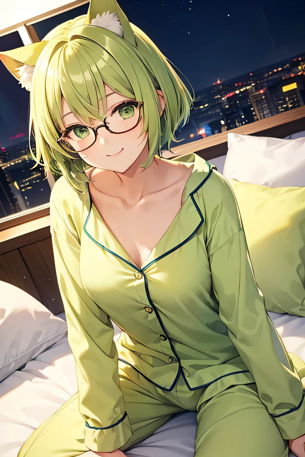 Cute girl with gentle smile, one girl, gentle yellowish green hair, short hair, cat ears, yellowish green eyes,pajamas,glasses,Night Room Background