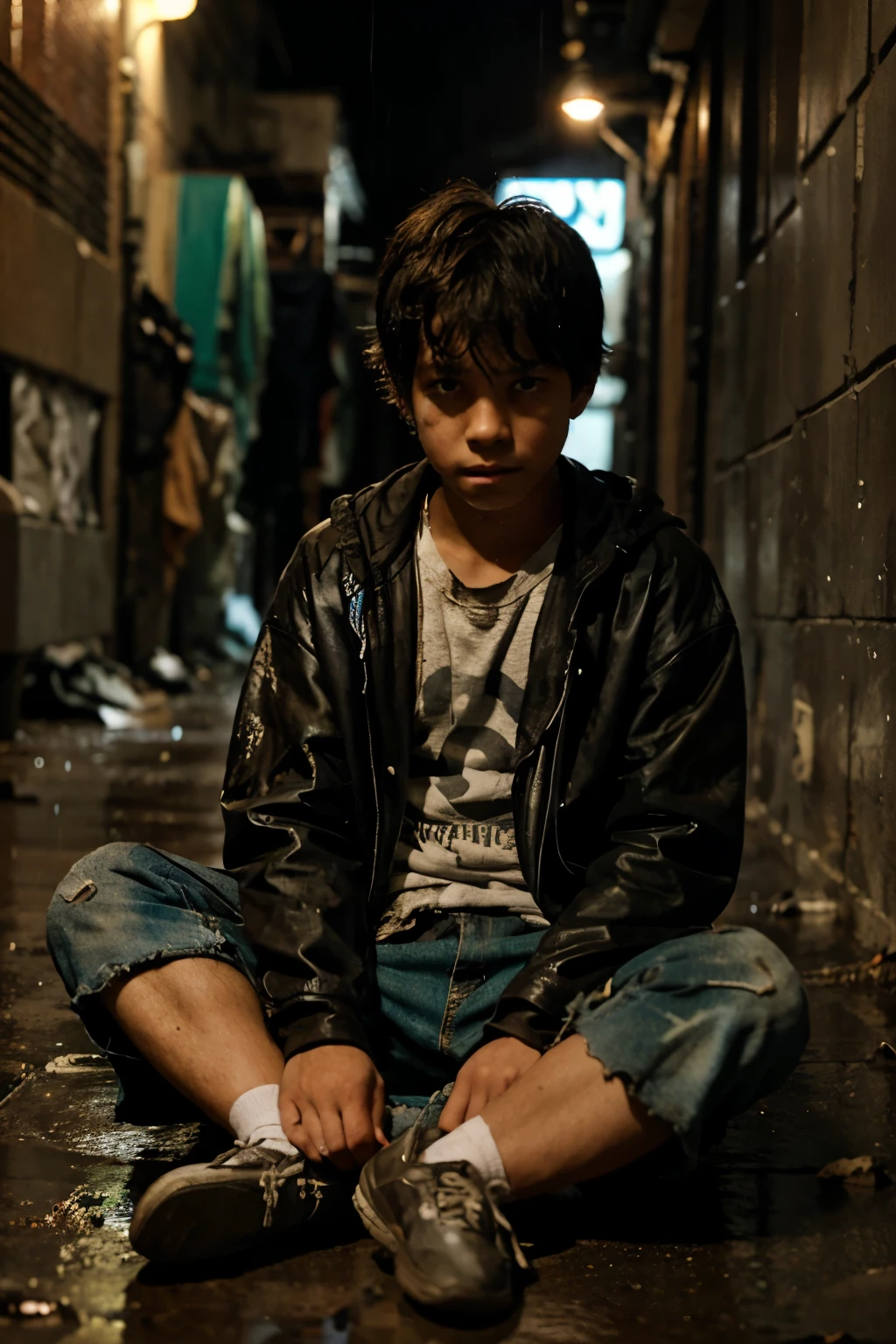 A boy, sitting in an alley, with dirty and torn clothes, sad face, under the rain, at night