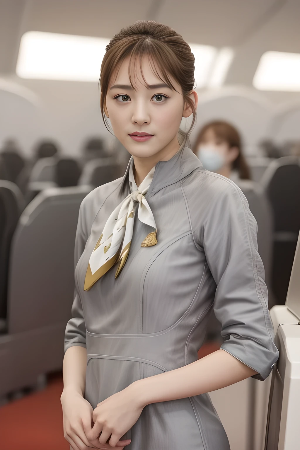 (masterpiece:1.2、highest quality:1.2)、32K HDR、High resolution、(alone、1 girl、Slim figure)、（Realistic style with Starlux Airlines uniform）、 (In the airport lounge, Professional Lighting)、（Starlux Airlines silver uniform:1.4）、（Starlux Airlines silver uniform with short sleeves）、（scarf on chest）、Big Breasts、（Long hair updo、Evening updo）、Dark brown hair、Long Shot、（（Fine hand：2.0））、（（Harmonious body proportions：1.5））、（（Normal limbs：2.0））、（（Normal finger：2.0））、（（Delicate eyes：2.0））、（（Normal eyes：2.0））)、Beautiful standing posture