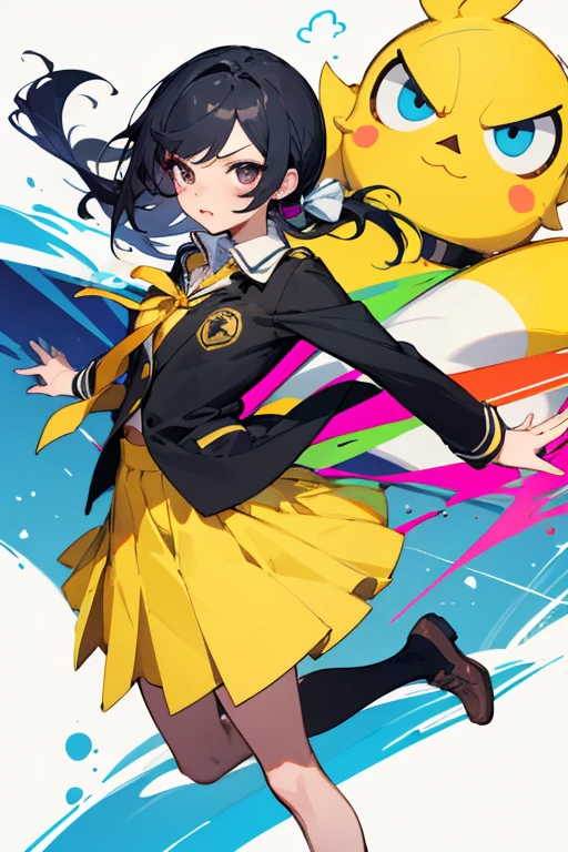 Chica, alta, cabello en una coleta, ojos negroexpresiva, uniforme escolar