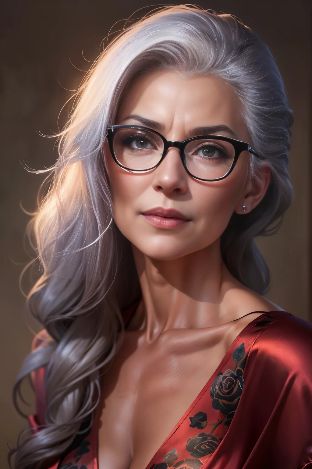 Professional, High level of detail, Full body photo (attractive mature 50yo woman:1.3), long brown hair with liittle white hair, tied up, gray eyes, (off shoulder elegant satin dress)1.4, (red satin dress flower motif, high waisted black satin skirt)1.455,natural lighting, (seductive:1.1), (blushing:1.1 ), (classy, elegant, dandy)1.2, look at viewer, (round natural breasts)1.2 (pokies)1.3, (toned body, hourglass body shape) (wipe hips), (full body with visible face and eyes)1.5, glasses, earnings, at office, standing beside desk, tattoo on body