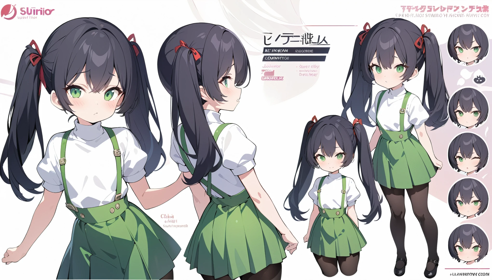 character sheet, best quality, masterpiece, ultra resolution, super details, anatomically correct, ((same character, front, side, back)), 1 girl,  junior child, (black hair:1.2), high quality eyes, high quality hands, (high pigtails:1.4), (red ribbons:1.3), (white turtleneck:1.5), short sleeve, (bubble sleeves:1.2), (green skirt:1.5), (green suspenders:1.5), (black pantyhose:1.5), mary janes, expressions