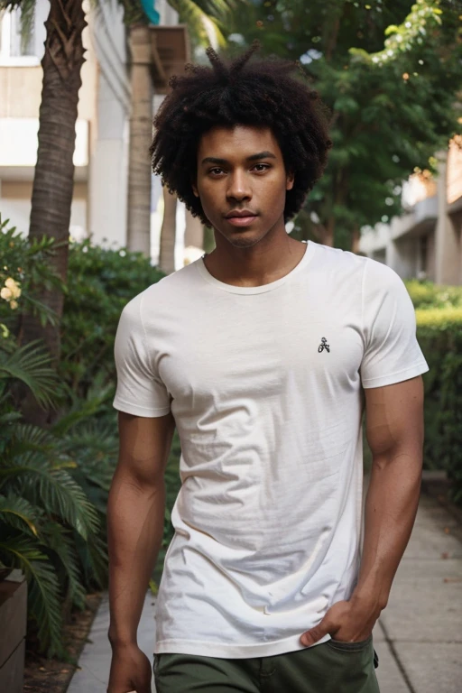 Skinny straight brown skinned man black hair afro green eyes size large skinny cargo beige white t-shirt