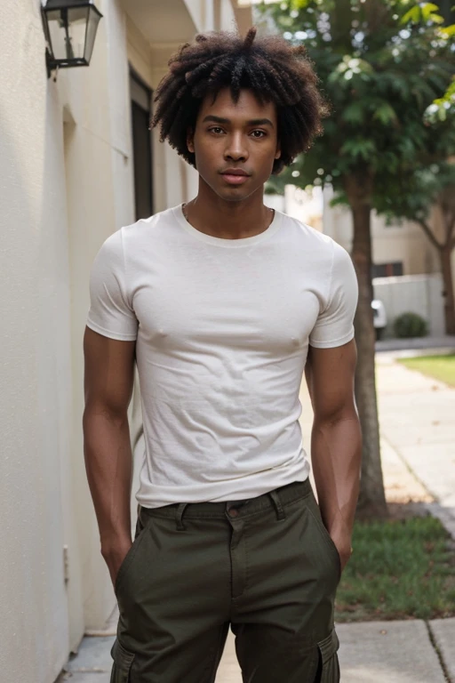 Skinny straight brown skinned man black hair afro green eyes size large skinny cargo beige white t-shirt