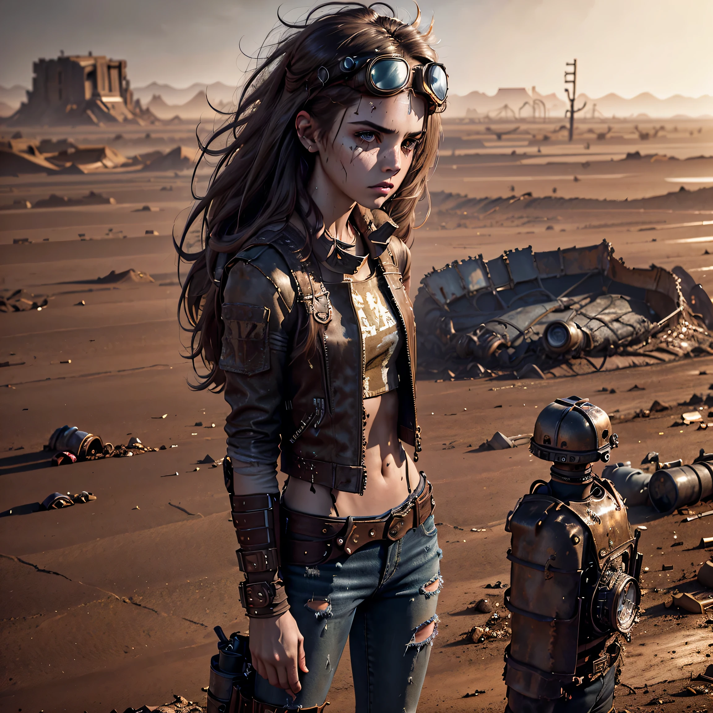 1girl, (solo:1.2), [slim], (small chest), pale skin, ((detailed eyes)), (bokeh effect), (dynamic angle), dynamic pose, (deserted wasteland:1.3), (long hair:1.4), (dark hair:1.4), leather jacket, ripped jeans, high boots, (backpack), (dark and cloudy sky), dirty hair, (wasteland desert:1.4), dirty hair, ((masterpiece)) close up shot, (head goggles:1.3)