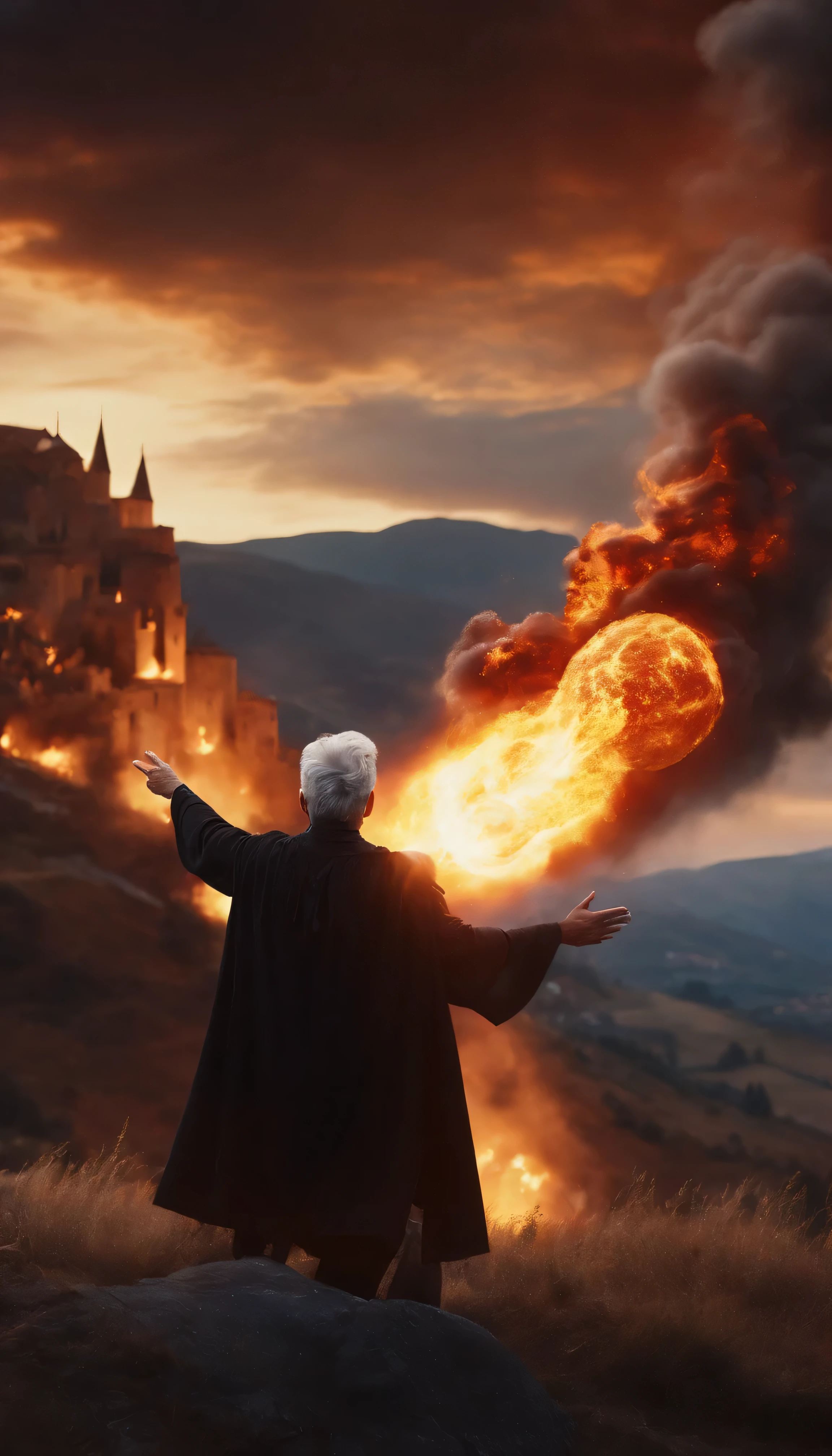 8k, close distance portrait, a male wizard with black clothes and grey short hair from behind, hand pointing to the sky, throwing a super massive huge fireball to a village in the distance from hill, with a burning village background the distance