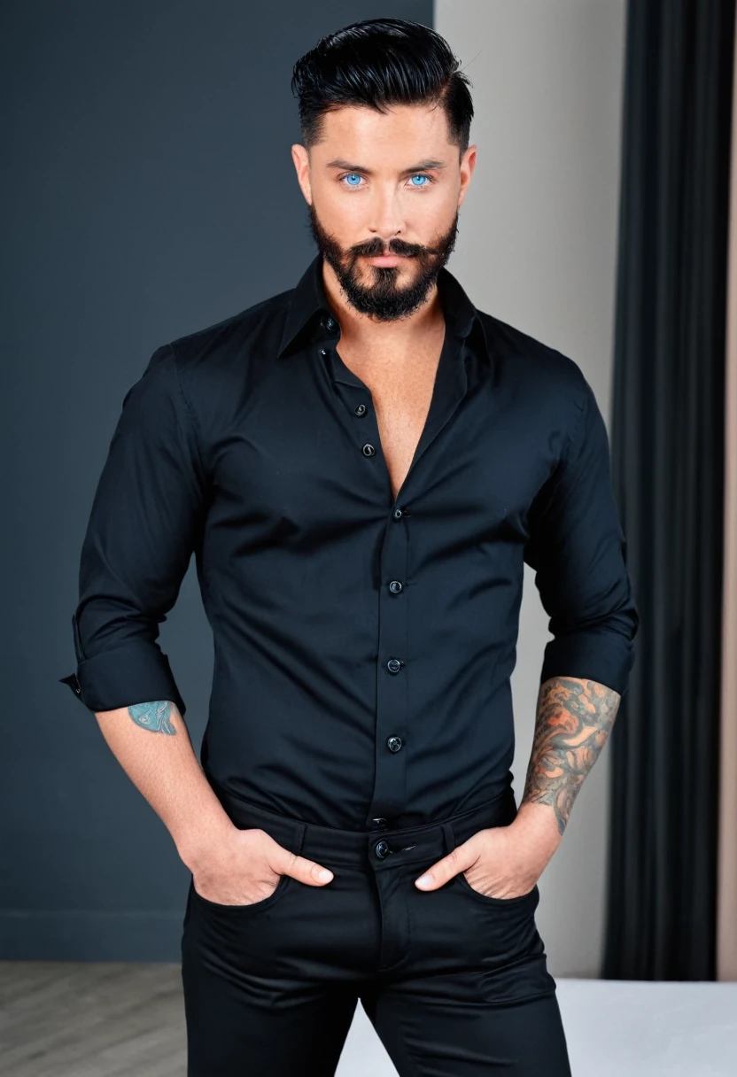 Man with black hair in a formal cut, blue eyes, handsome face with tattoo on his neck and arm, wearing a black formal shirt with three open buttons giving a view of his open chest, is In dress pants , he has a beard and is Italian 