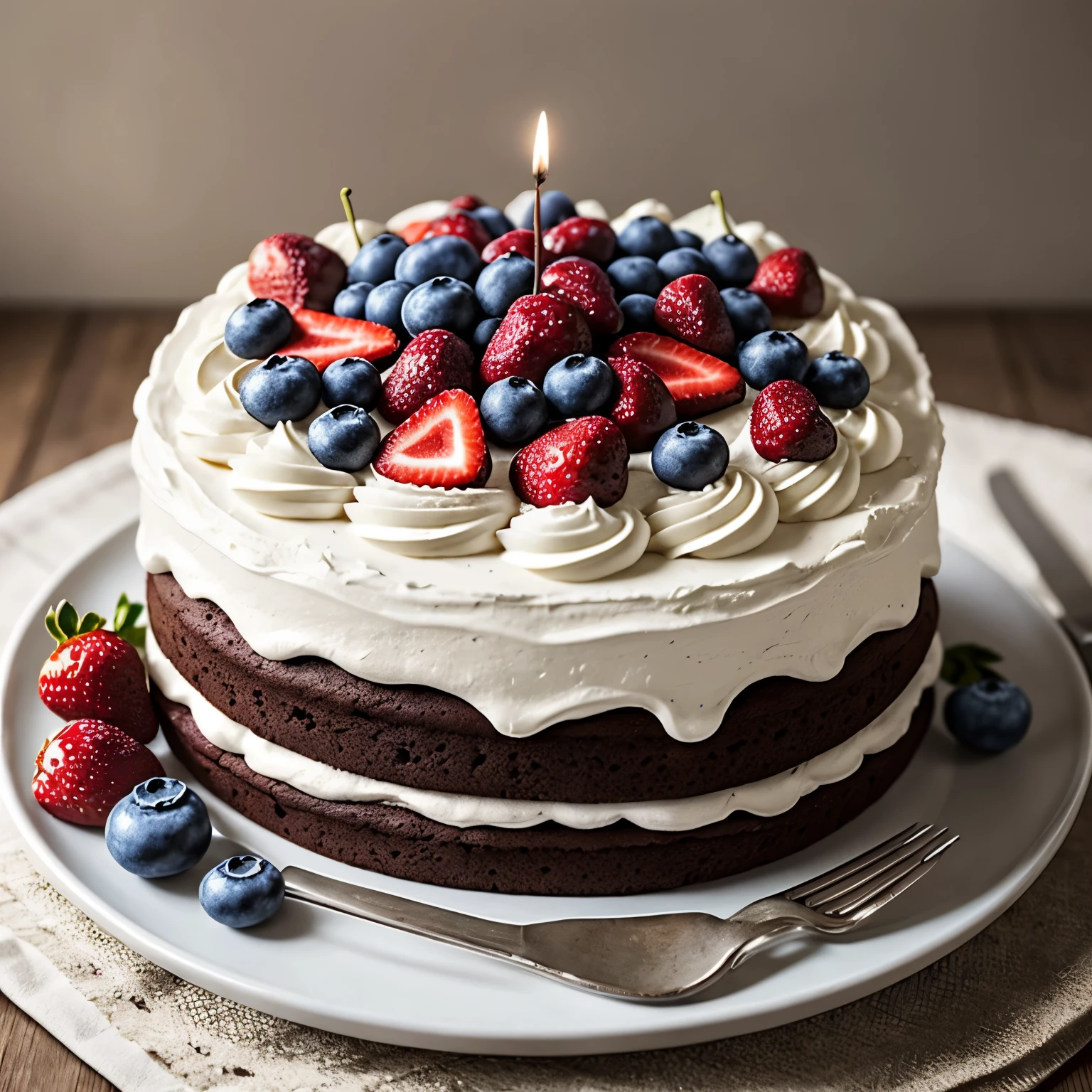 There is a chocolate cake with strawberries and blueberries, Birthday cake, The biggest cake, bolo, delicioso, Bolos, arte do bolo, Perfectamente detallado, " corteza de hierro, Award-winning - Award-winning crisp details ", Award-winning crisp details", Cobertura de fruta de fresa, Cherry and blueberry, Detalle perfecto, Dirigido por: Lee Loughridge, Food photography with polymer clay 4k, HAPPY BIRTHDAY, delicioso, retroiluminado, Escultura de pastel