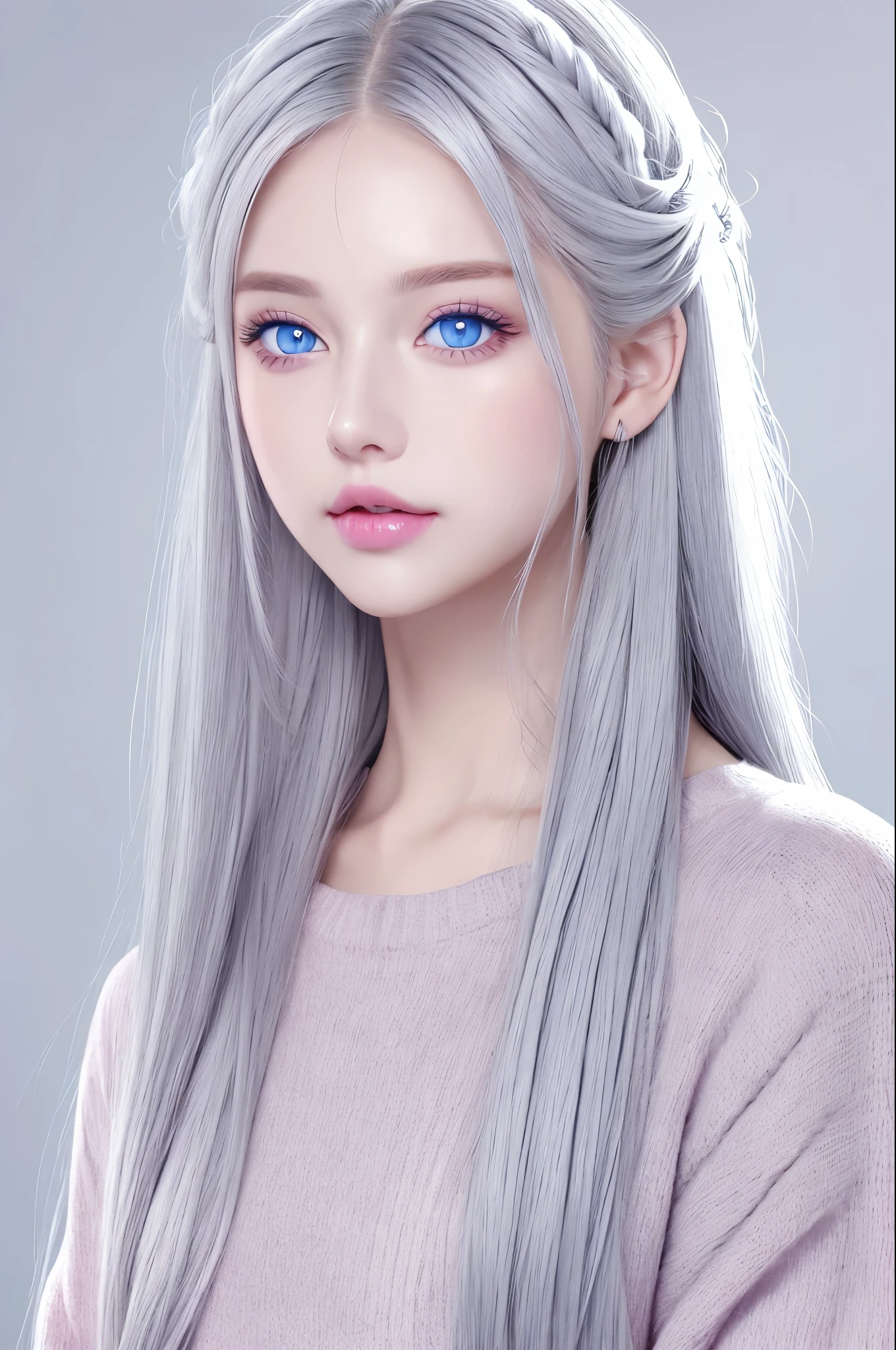 Girl, long gray hair, sky blue eyes, sharp features, white skin, pink lips, sweater
