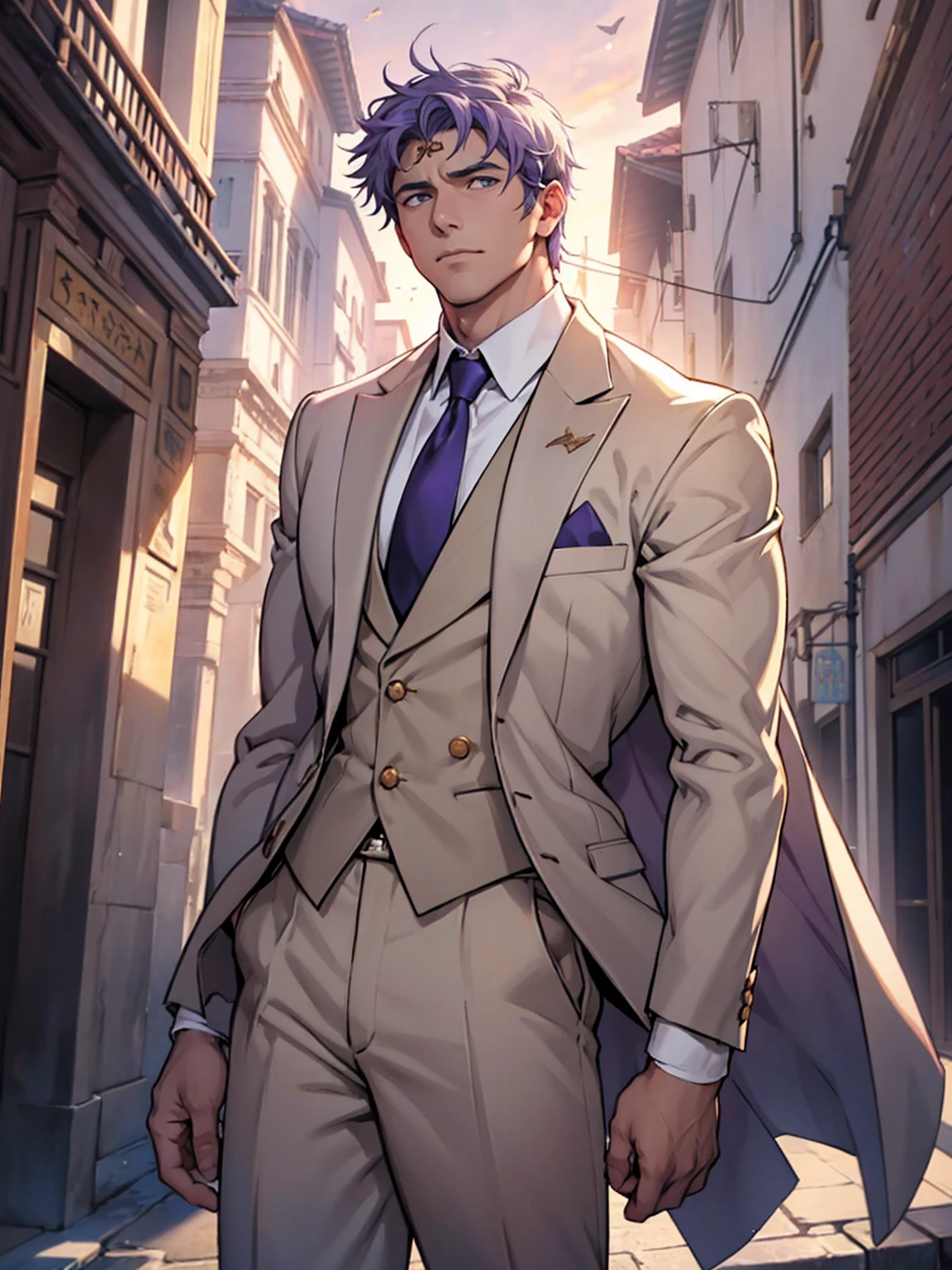 anime.Constantine the Great, Roman Emperor Constantine the Great resurrected in modern times。34 years old。one adult male。Long body。broad shoulder。thick neck。eyes like a lion。Bright and sharp eyes。Looking here。Sincere and kind。Kind and reliable。Deal with it sternly if necessary.。talented and hardworking businessman。successful gentleman。careerist。he is wearing a high quality white suit。dark purple tie。Light purple shirt。forceful。An overwhelming sense of control。romance novel hero。Bold composition。look up to。lyrical。Dramatic。heartful。Romantic。opulent。elegan。elegance。Venice background in the sunset。masterpiece。top-quality。Super beautiful。The ultra -The high-definition。detaileds。exquisite。