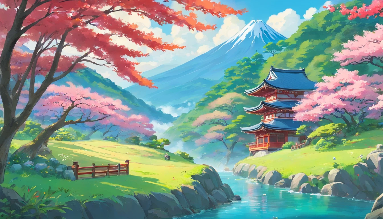 The Tradition of Paysage Japonais: Use images that depict traditional Japanese scenery, Comme en jardin zen, De Montagne、Des Cerise en Fleurs. Sera Polei evokes Musashi&#39;s deep connection with nature and spirituality.