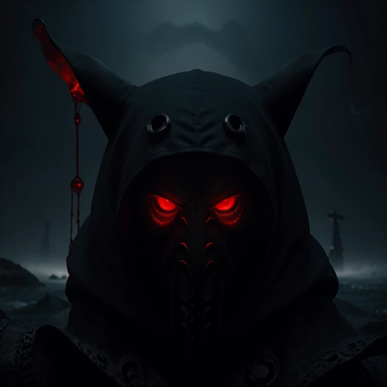 Black work illustration a evil octopus with dark hood in a blood sea background