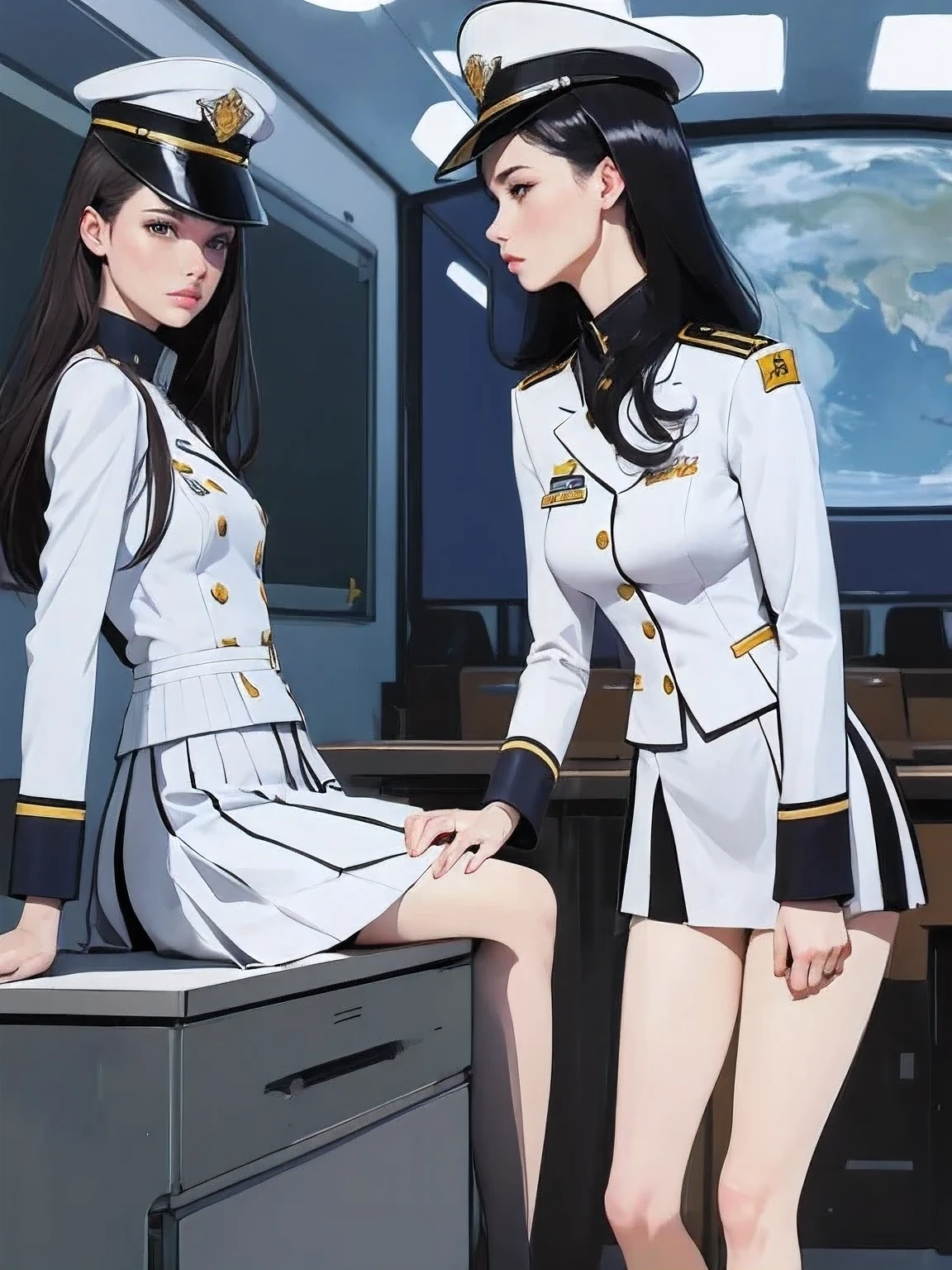 superflat, flat shading, flat colors, (masterpiece:1.2, best quality), (closeup), 2women, teen, slim, (white military outfit), pleated skirt, military hat, space cadet, sitting by desk, in classroom, put head on hand, bored, classmates in background, (spaceship interiors), futuristic, cosmos, watercolor