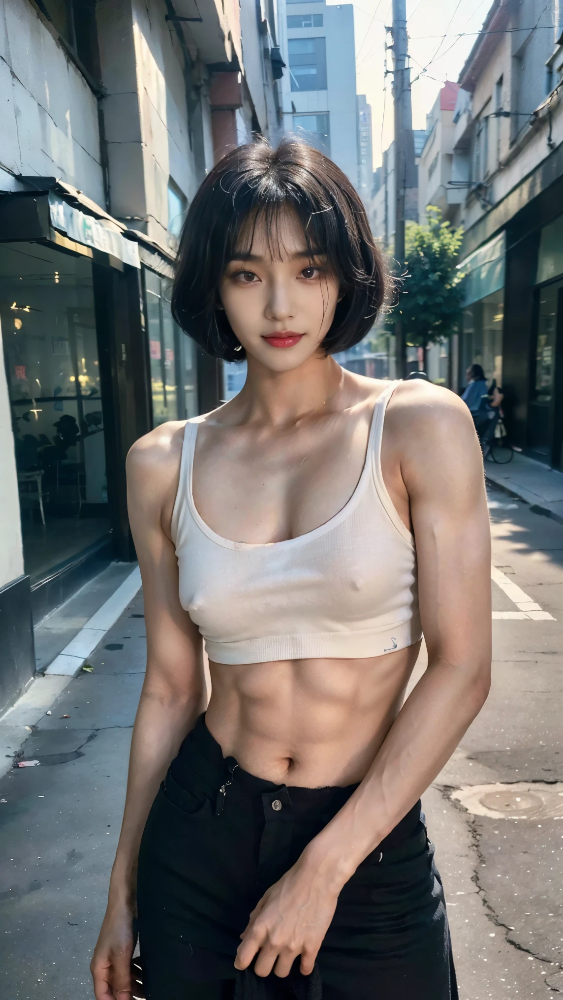 Realistic photos, 8k,Crouching,body is male,A woman with a beautiful face,,(((Bob cut ladyboy,transgender,otokonoko,Male chest,No bulge in the chest))),((Full body view,Standing posture,Flat Chest,Very muscular,Body fat percentage10%,Muscles like athletes,Macho,massive)),(((bustling street,Homeless,beggar,Pale face,It is dirty,Bad smell,dirty,odor,Homeless,Depraved,Handsome young Korean ladyboy with bob cut))),(((Very big eyes,smile,looking at the camera,Frowning))),Chest is male,(Ultra-realistic), (High resolution), (8k), (Very detailed), (Best Illustration), (Beautiful fine details), (highest quality), (Super detailed), (masterpiece), (Detailed face), ,alone,Black hair bob cut,(((A girl with makeup on her face,The body is a perfect man))), dirty black tank top,Transgender,Korean,kpop,完璧な筋肉質なMale chest