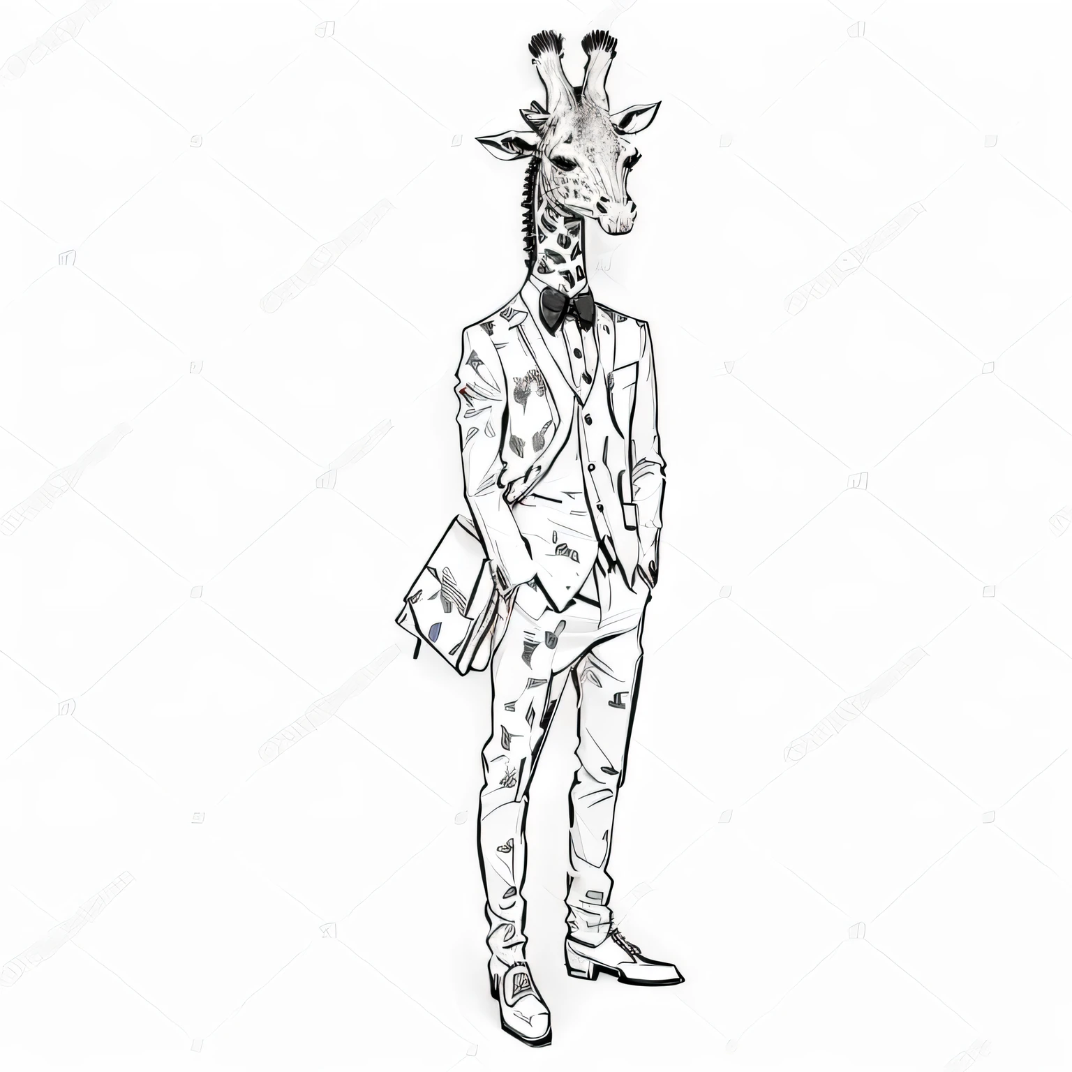 Black and white drawing of a giraffe in a suit and tie, Sketch illustration, Full body illustration, Full body photo, Portrait full body, Full body photos, Hand-drawn illustration, Full body portrait, Full body painting, Line drawing illustration, funny weird illustration, Drawing full body characters, Detailed full body concept, Full Body Profile, Vector ink drawing, Full body portrait
