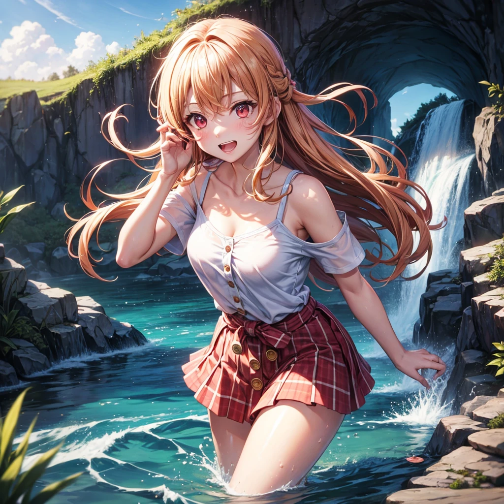 Pink gold golden hair、Red eyes、One good looking girl、solo、anime、Checkered mini skirt、The skirt has buttons、one piece、Blue camisole、White T-shirt、Jin、Wearing a ribbon、Ribbon on waist、Tilting face、Teeth are visible、waterfall、waterfallの裏側、tunnel、Sunset sky、The water surface is exploding