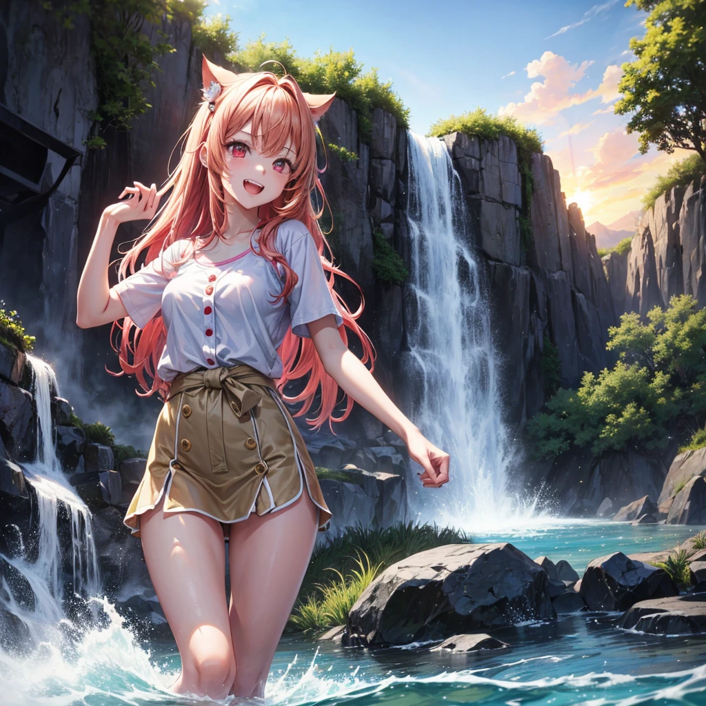 Pink gold golden hair、Red eyes、One good looking girl、solo、anime、Checkered mini skirt、The skirt has buttons、one piece、Blue camisole、White T-shirt、Jin、Wearing a ribbon、Ribbon on waist、Tilting face、Teeth are visible、waterfall、waterfallの裏側、tunnel、Sunset sky、The water surface is exploding