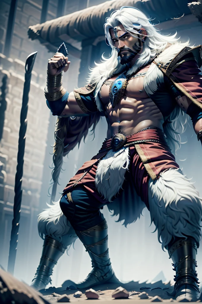 Man with beard , long hair and wear dhoti. He has six-pack. In one hand blue red combination Katana